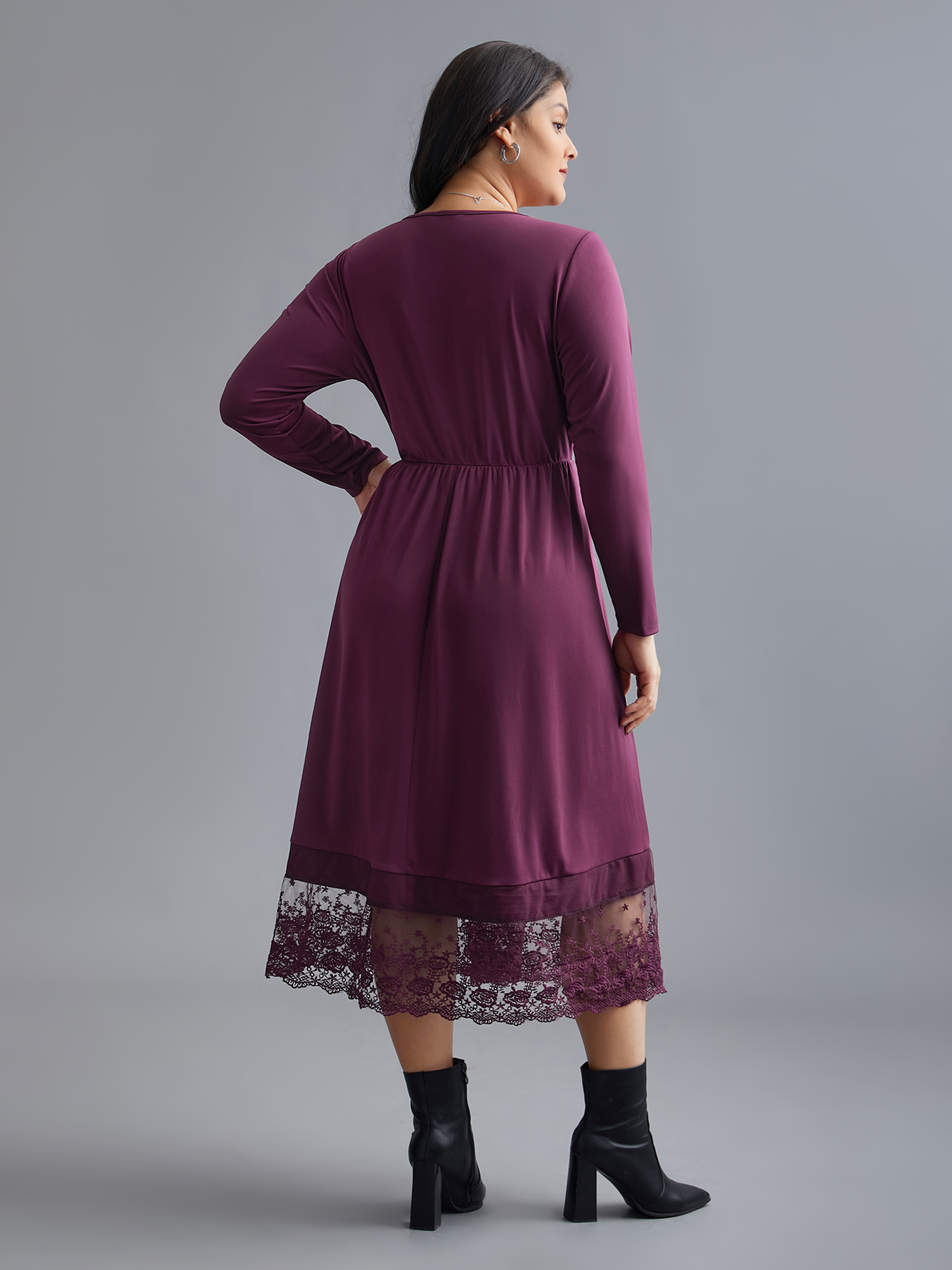 Plus Size Floral Embroidered Mesh Crisscross Dress Deeppurplered Women Elegant Woven ribbon&lace trim Round Neck Long Sleeve Curvy BloomChic 12/L 
