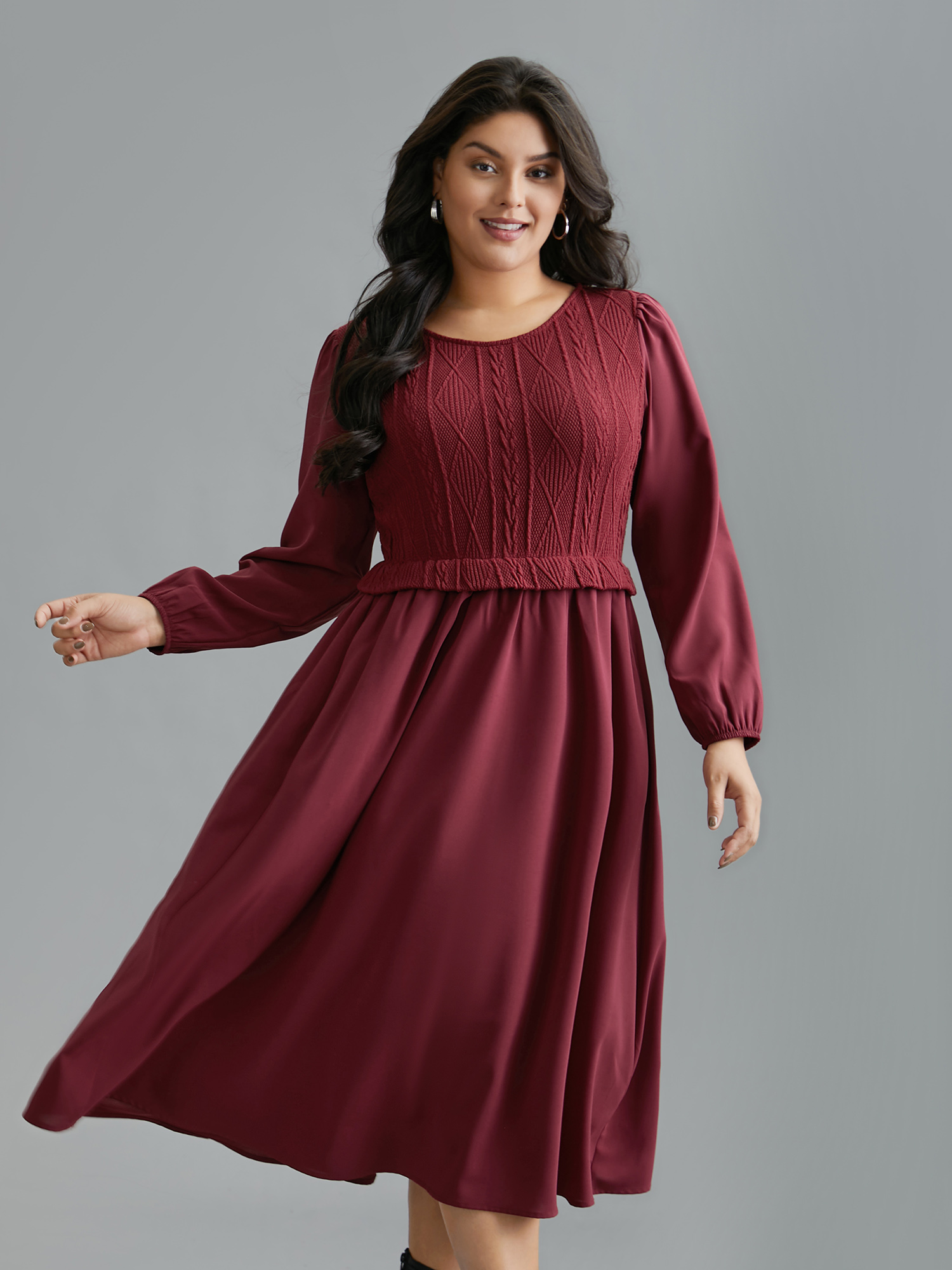 

Plus Size Solid Cable Knit Lantern Sleeve Dress Burgundy Women Casual Texture Round Neck Long Sleeve Curvy BloomChic