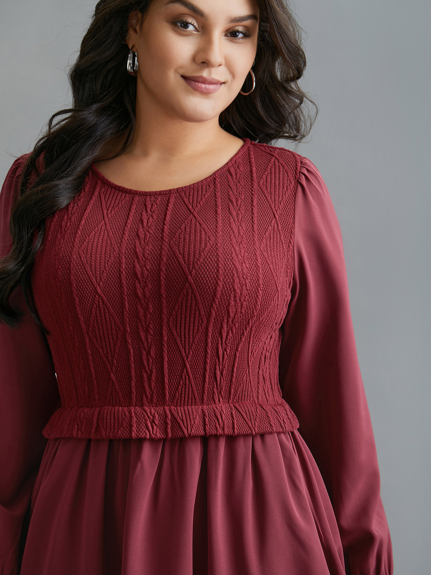 

Plus Size Solid Cable Knit Lantern Sleeve Dress Burgundy Women Casual Texture Round Neck Long Sleeve Curvy BloomChic