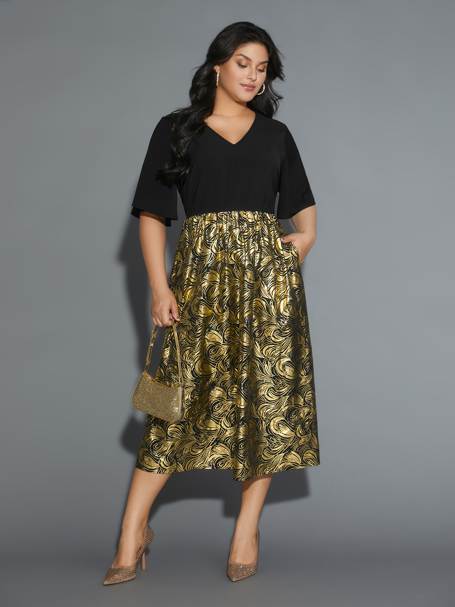 

Plus Size V Neck Glitter Flounce Sleeve Dress Black Women Cocktail Texture V-neck Half Sleeve Curvy BloomChic