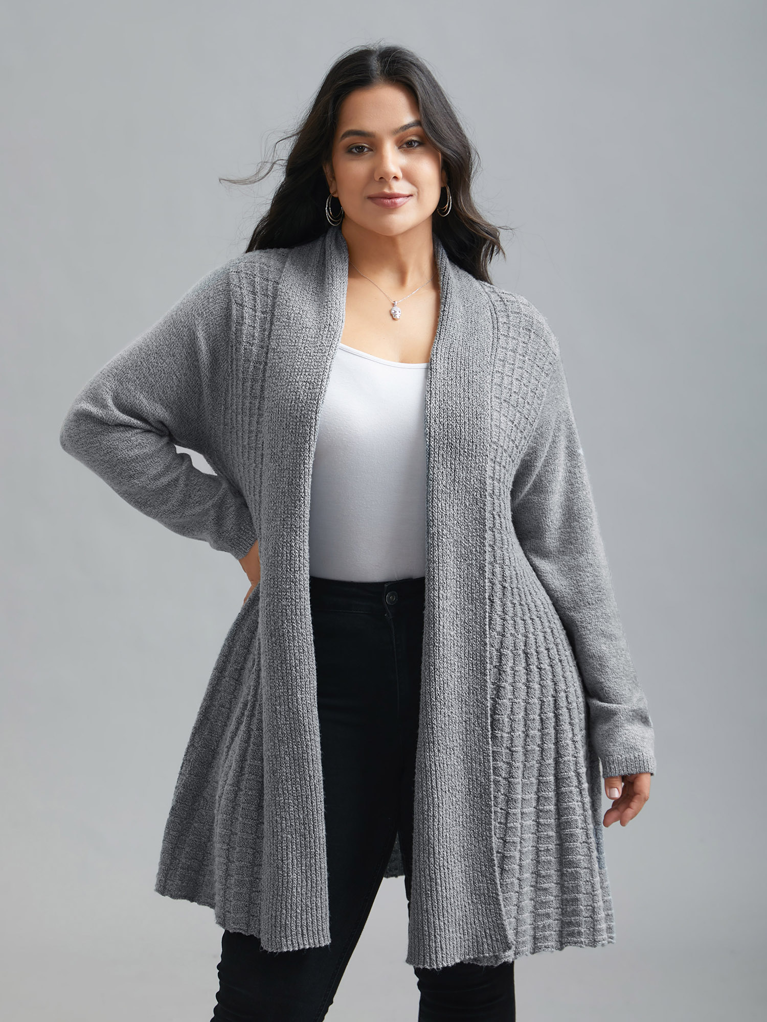 

Plus Size Folded Kimono Collar Plain Plisse Cardigan DarkGray Women Casual Loose Long Sleeve Everyday Cardigans BloomChic