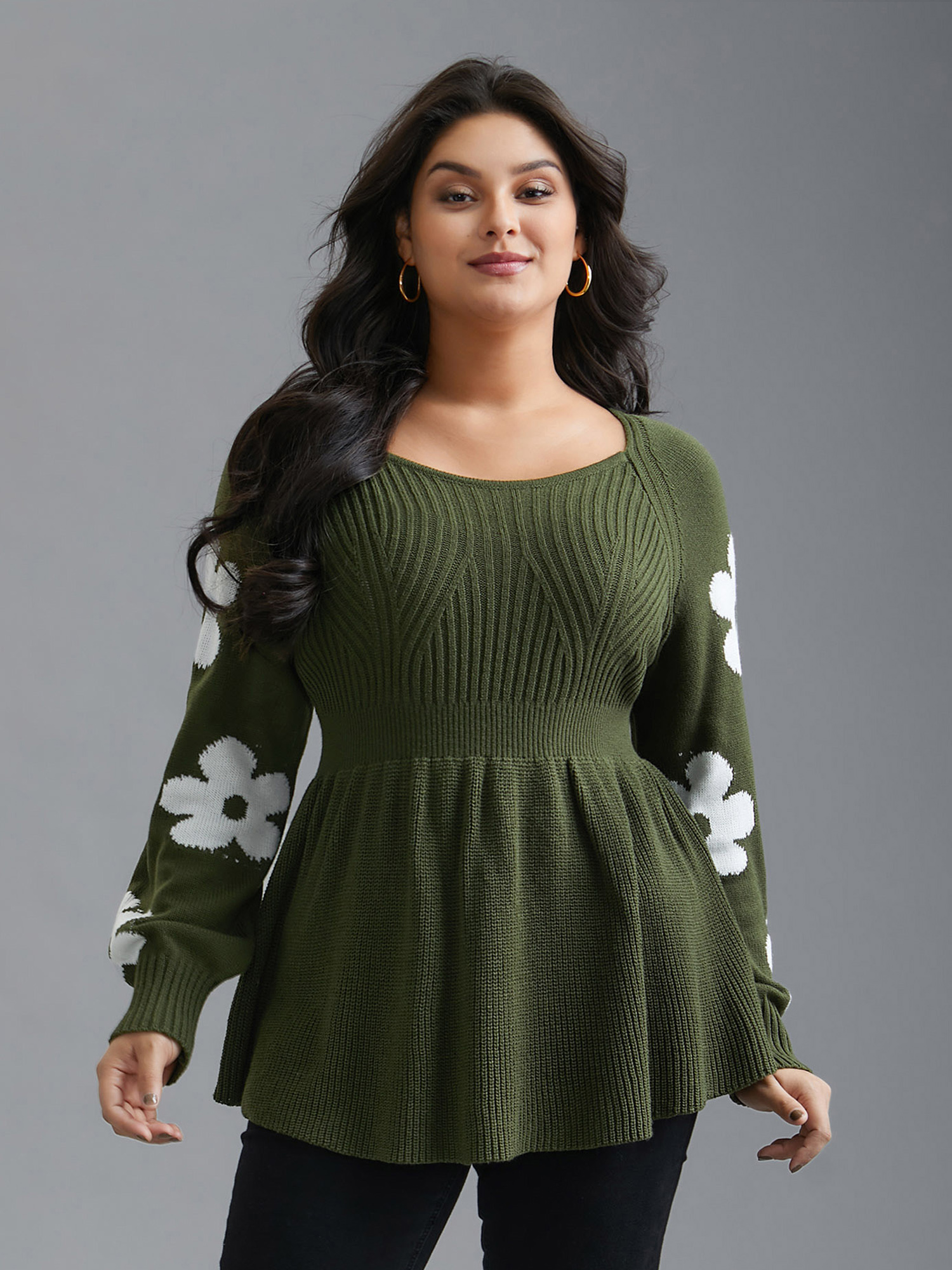 

Plus Size Floral Patch Jacquard Cinched Waist Pullover ArmyGreen Women Elegant Bodycon Long Sleeve Square Neck Everyday Pullovers BloomChic