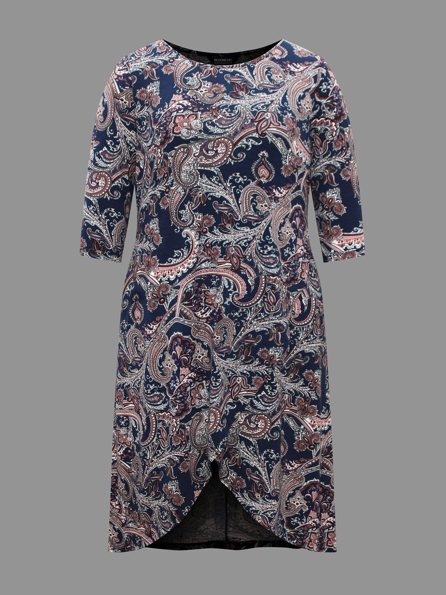 

Plus Size Wrap Hem Bandana Floral Dress Navy Women Casual Overlapping Knit Dresses Bloomchic