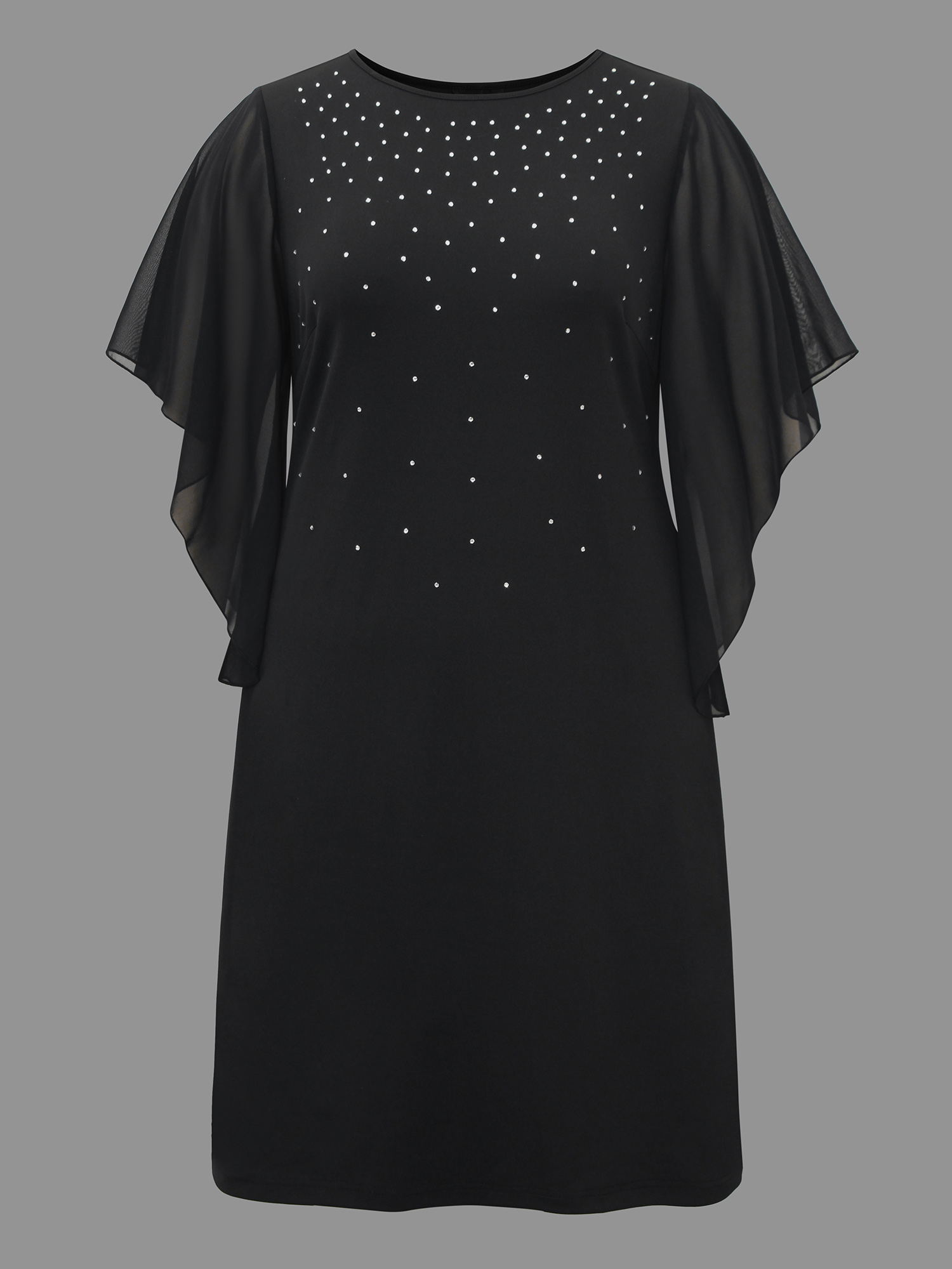 Side view of BloomChic Women's Plus Size Rhinestone Ruffle Sleeve Mesh Patchwork Dress Pureblack Party Mini Rhinestone detailing Round Neck 28/5X