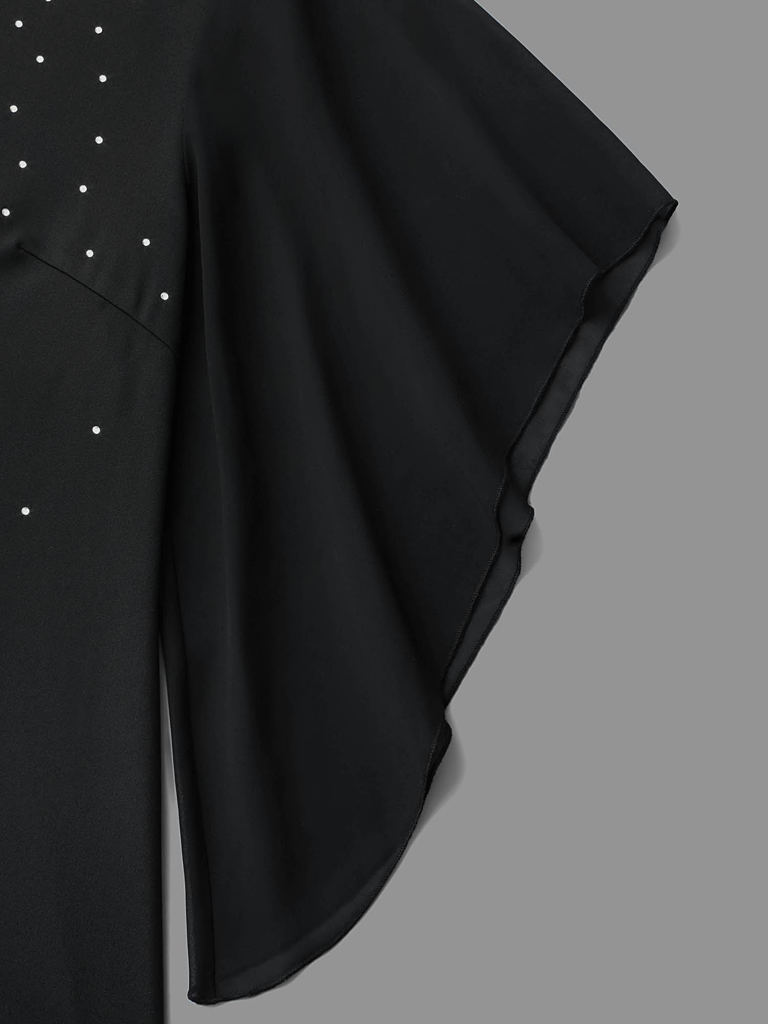 Side view of BloomChic Women's Plus Size Rhinestone Ruffle Sleeve Mesh Patchwork Dress Pureblack Party Mini Rhinestone detailing Round Neck 28/5X