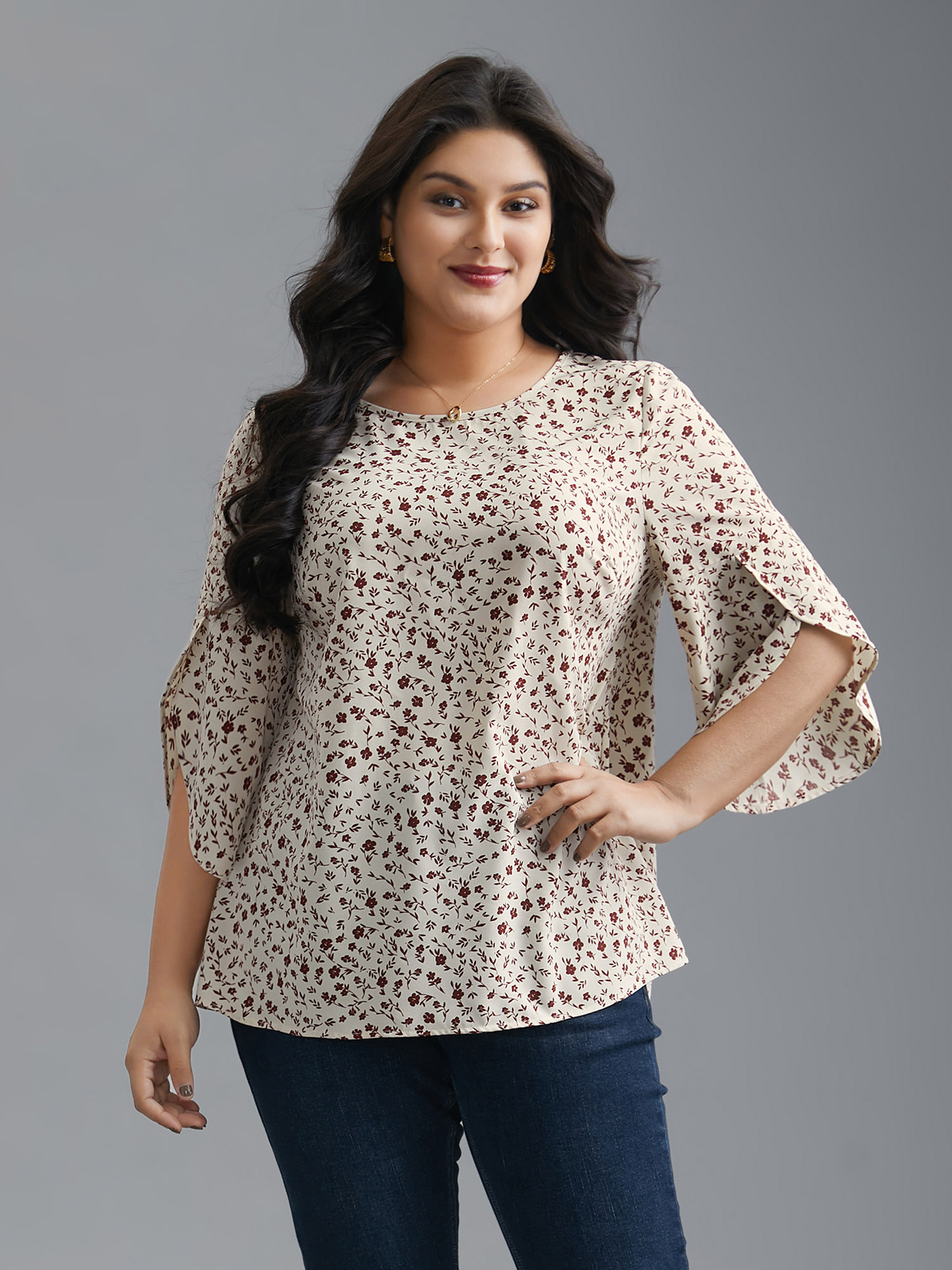 

Plus Size Beige Crew Neck Ditsy Floral Bell Sleeve Blouse Women Elegant Elbow-length sleeve Round Neck Everyday Blouses BloomChic