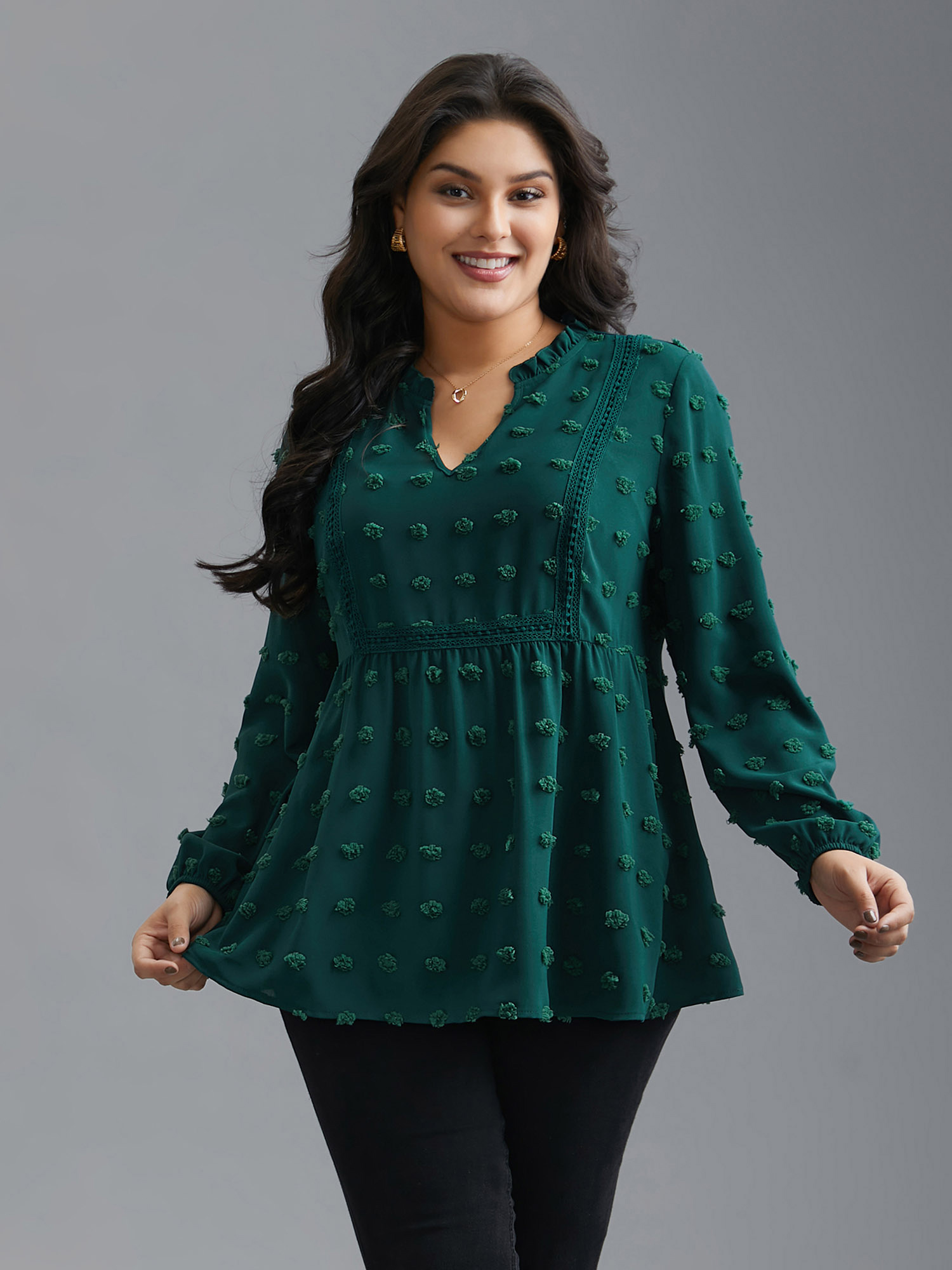 

Plus Size DarkGreen Notched Collar Ruffle Trim Textured Blouse Women Elegant Extra Long Sleeve V-neck Everyday Blouses BloomChic