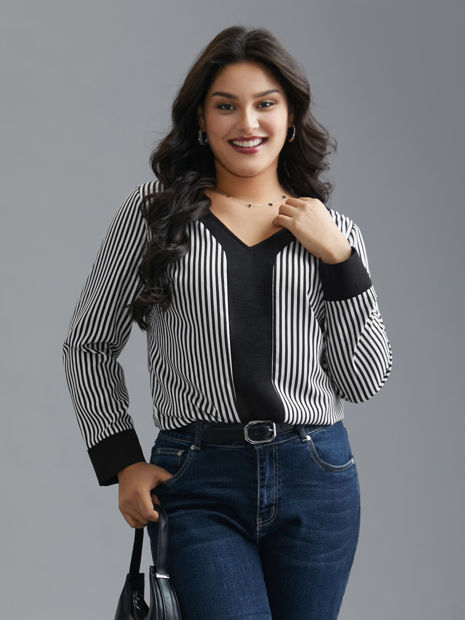 

Plus Size Black V Neck Striped Patchwork Blouse Women At the Office Extra Long Sleeve V-neck Work Blouses BloomChic