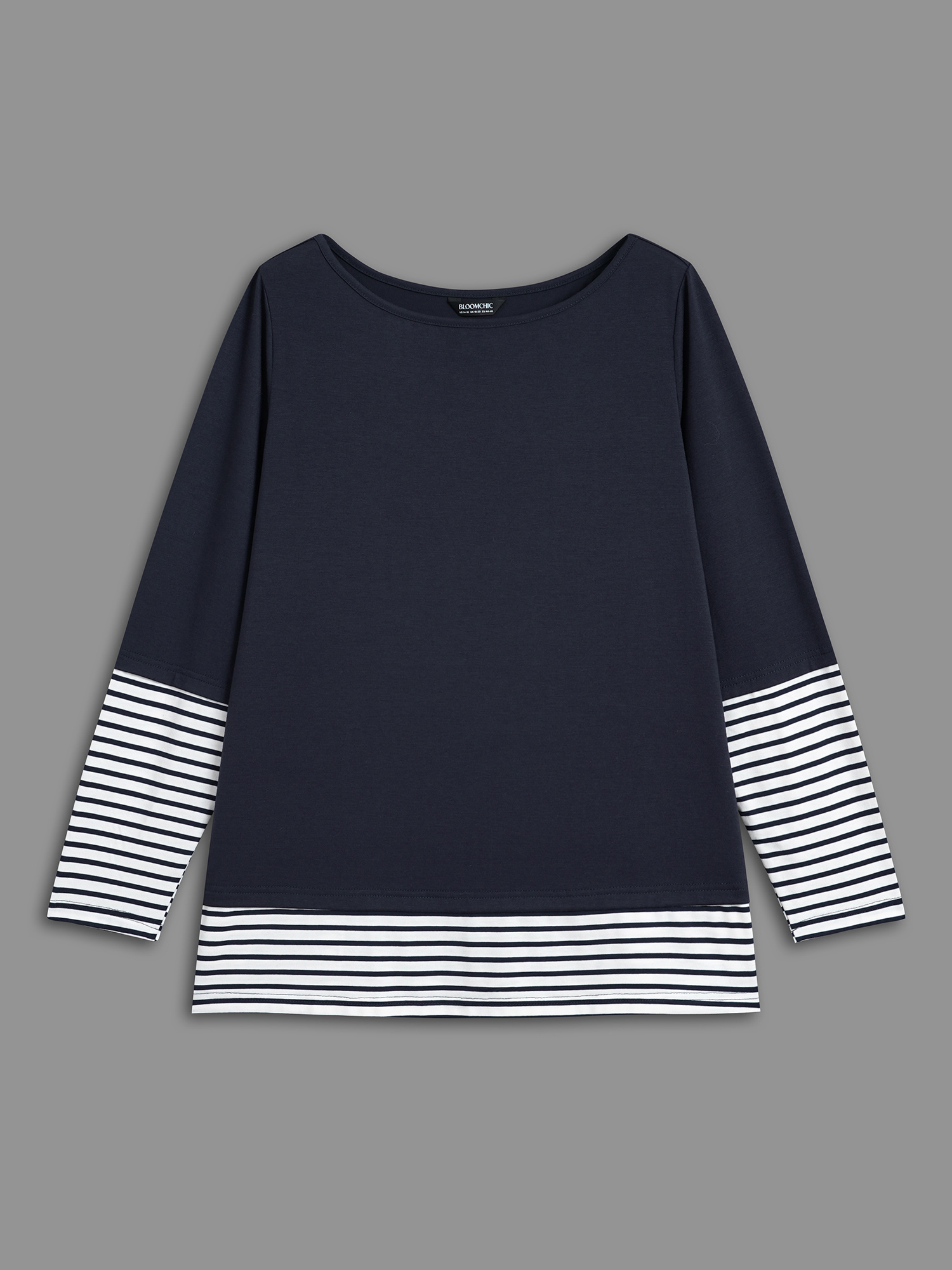 

Plus Size Boat Neck Striped Patchwork T-Shirt Indigo Women Casual Contrast Boat Neck Everyday T-shirts BloomChic