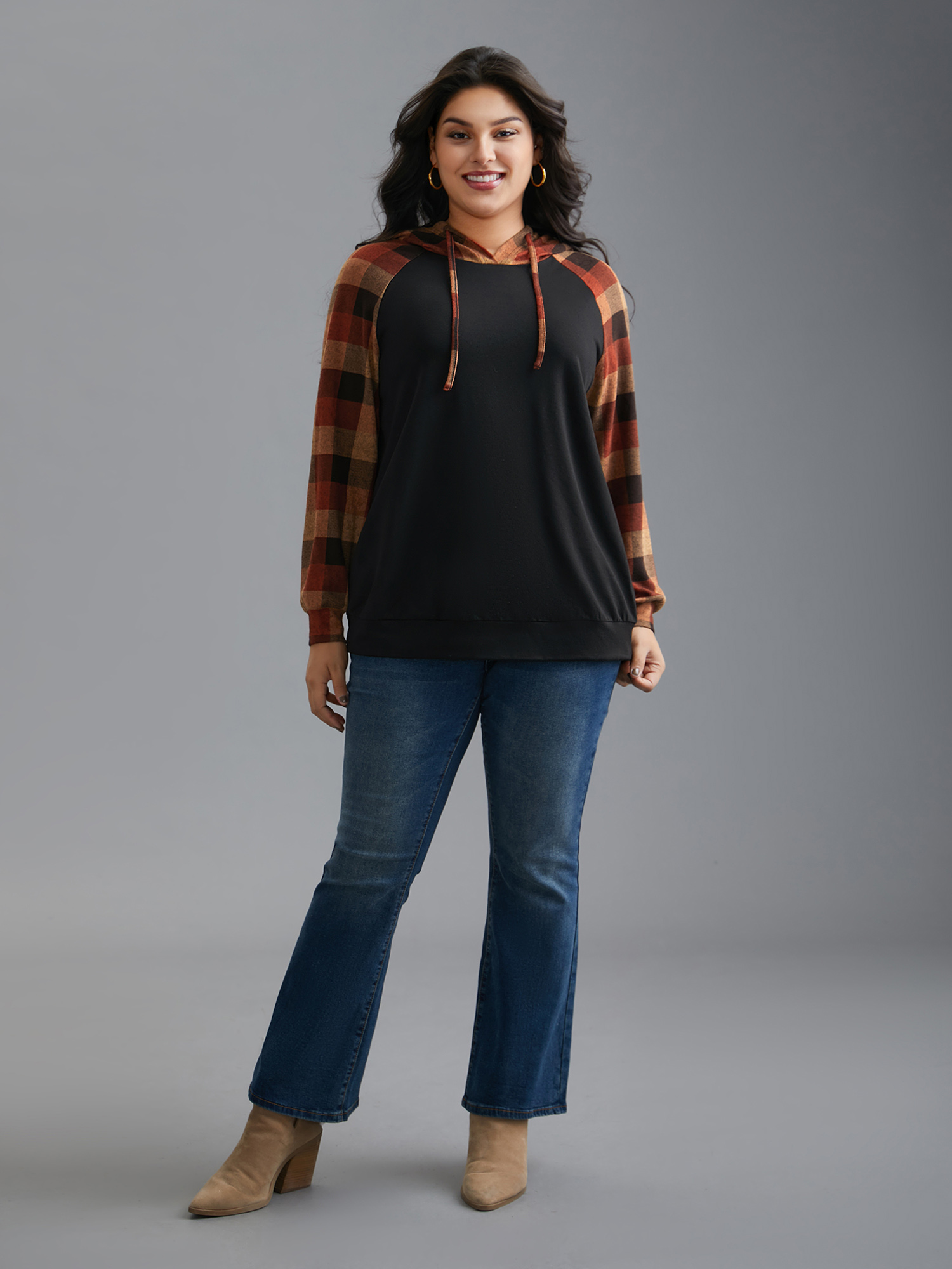 Plus Size Plaid Colorblock Contrast Hooded Drawstring Sweatshirt Women Black Casual Contrast Hooded Everyday Sweatshirts BloomChic 10/M 