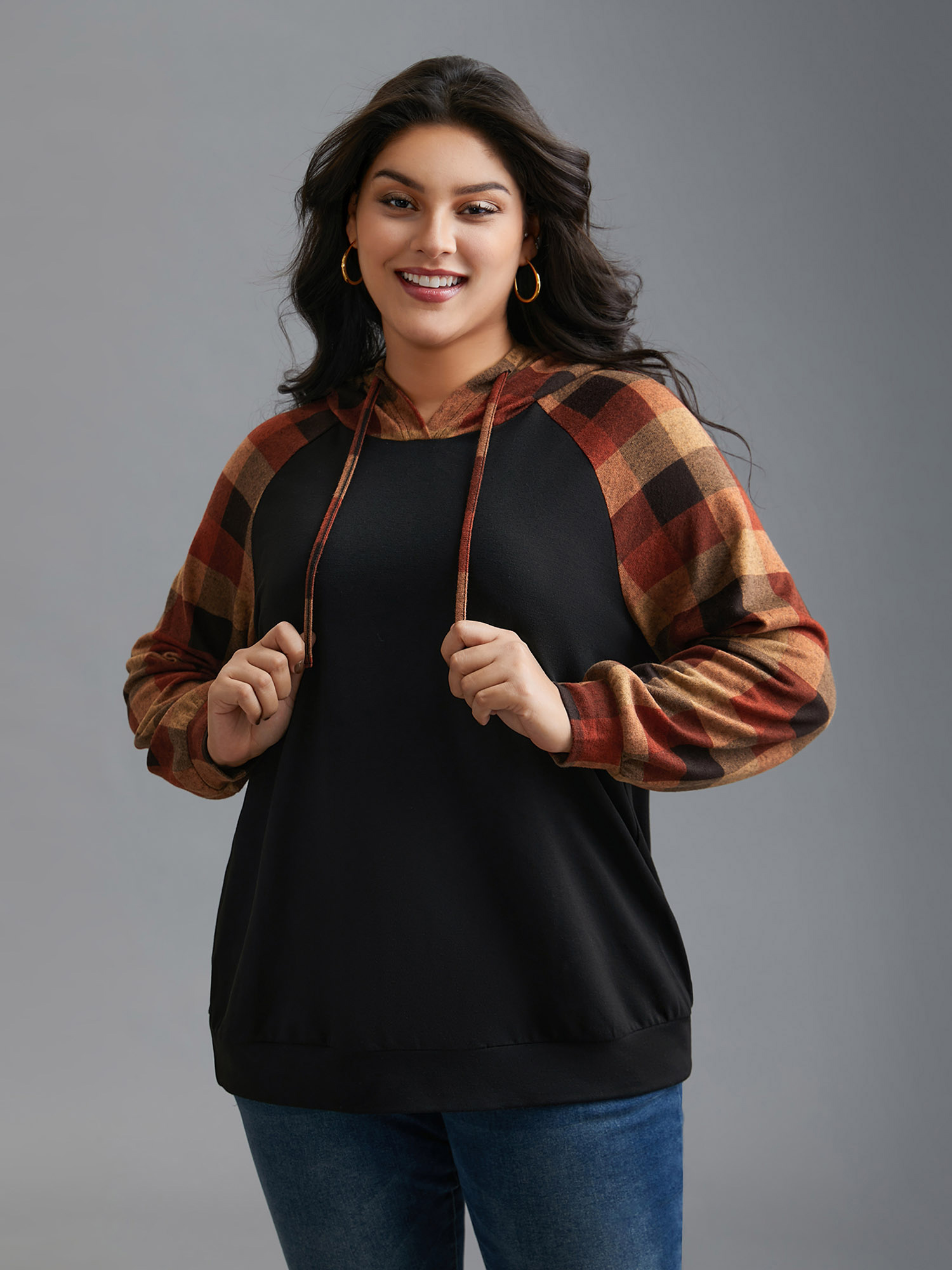 Plus Size Plaid Colorblock Contrast Hooded Drawstring Sweatshirt Women Black Casual Contrast Hooded Everyday Sweatshirts BloomChic 10/M 