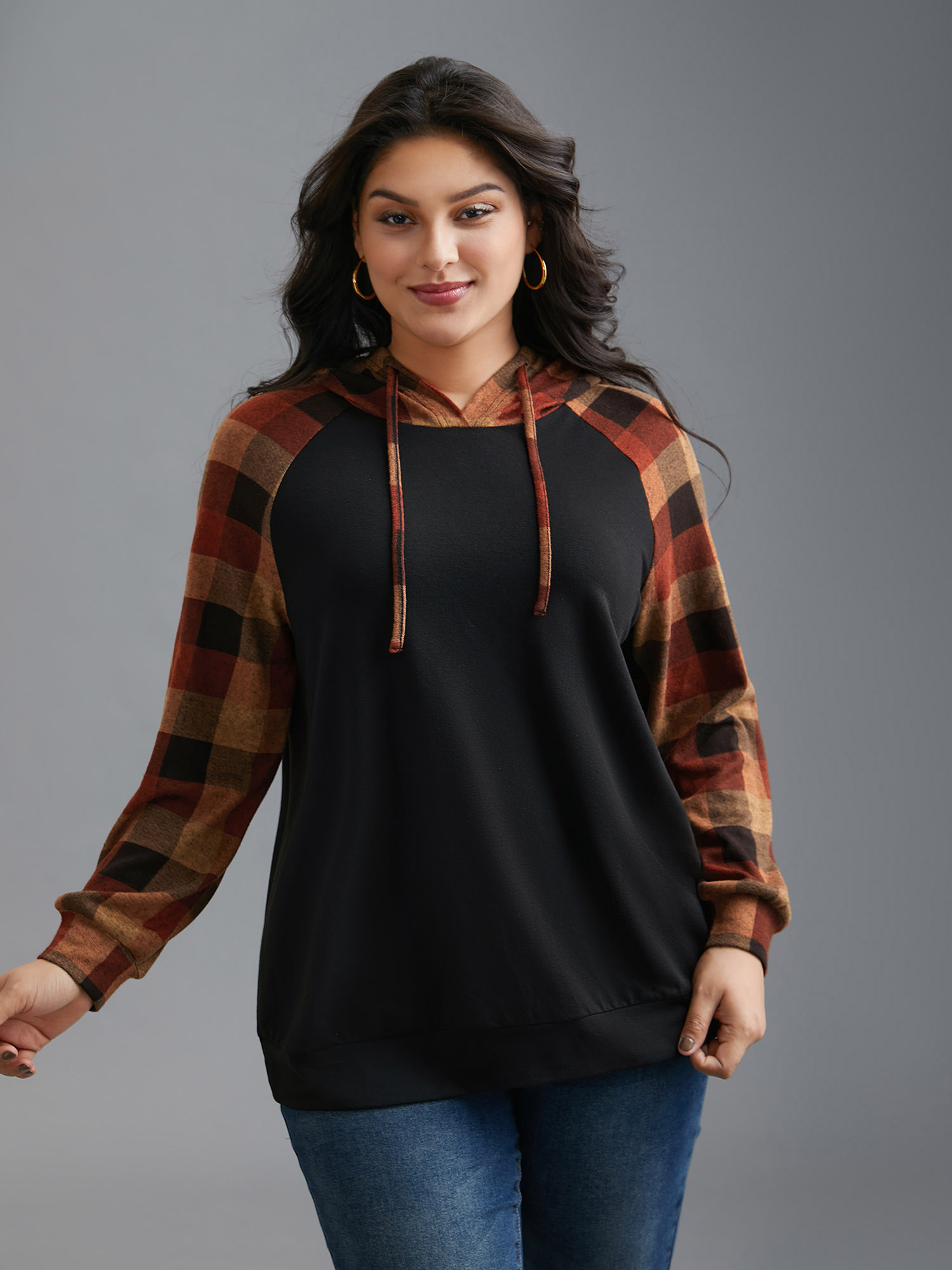 Plus Size Plaid Colorblock Contrast Hooded Drawstring Sweatshirt Women Black Casual Contrast Hooded Everyday Sweatshirts BloomChic 10/M 