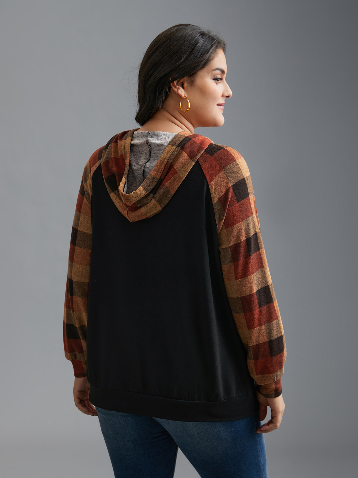 Plus Size Plaid Colorblock Contrast Hooded Drawstring Sweatshirt Women Black Casual Contrast Hooded Everyday Sweatshirts BloomChic 10/M 