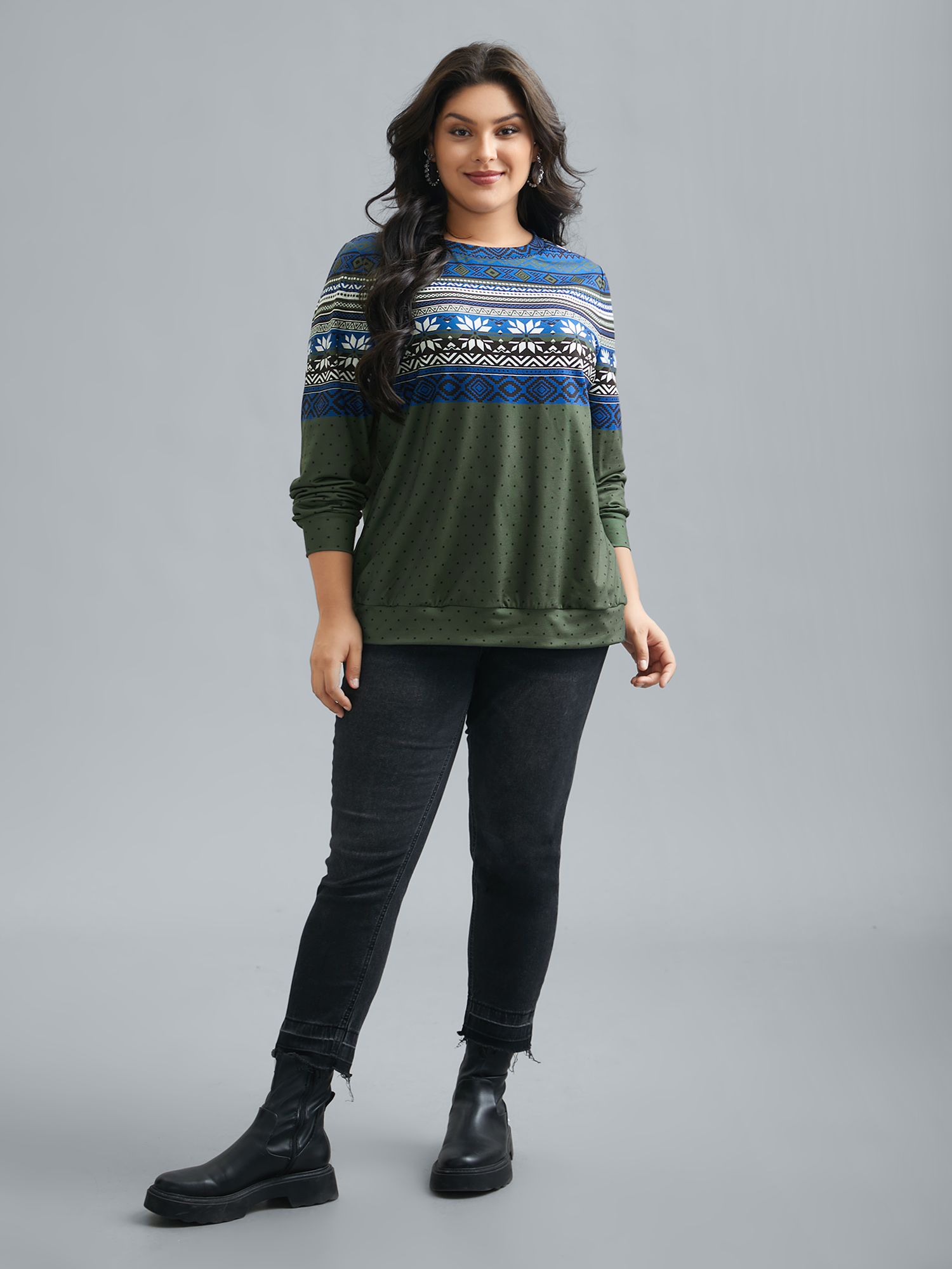 Plus Size Round Neck Geometric Polka Dot Patchwork Sweatshirt Women Multicolor Casual Contrast Round Neck Everyday Sweatshirts BloomChic 14-16/1X 