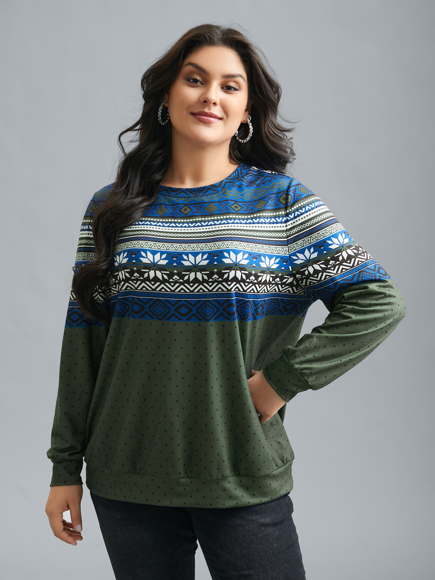 Plus Size Round Neck Geometric Polka Dot Patchwork Sweatshirt Women Multicolor Casual Contrast Round Neck Everyday Sweatshirts BloomChic 14-16/1X 