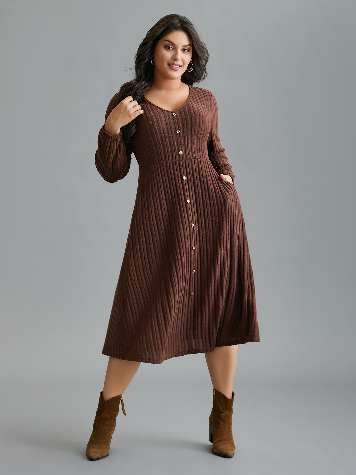 

Plus Size Stretchy Waist Defining Knit Midi Dress Rust Women Casual Texture Knit Dresses Bloomchic