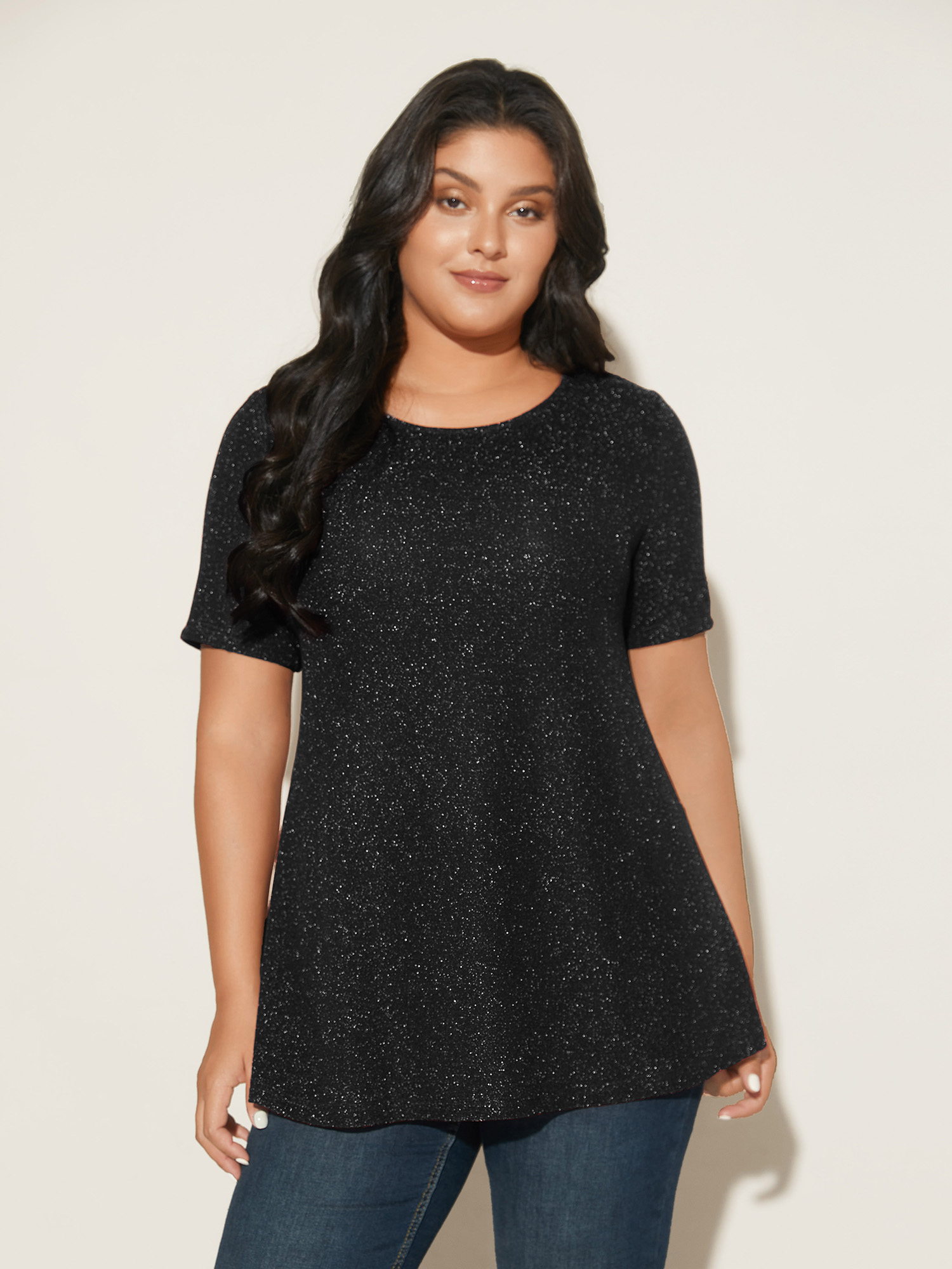 

Plus Size Shimmering Gold & Silver Thread A-Line Tee Black Women Casual Non Round Neck Loose Everyday T-shirts BloomChic