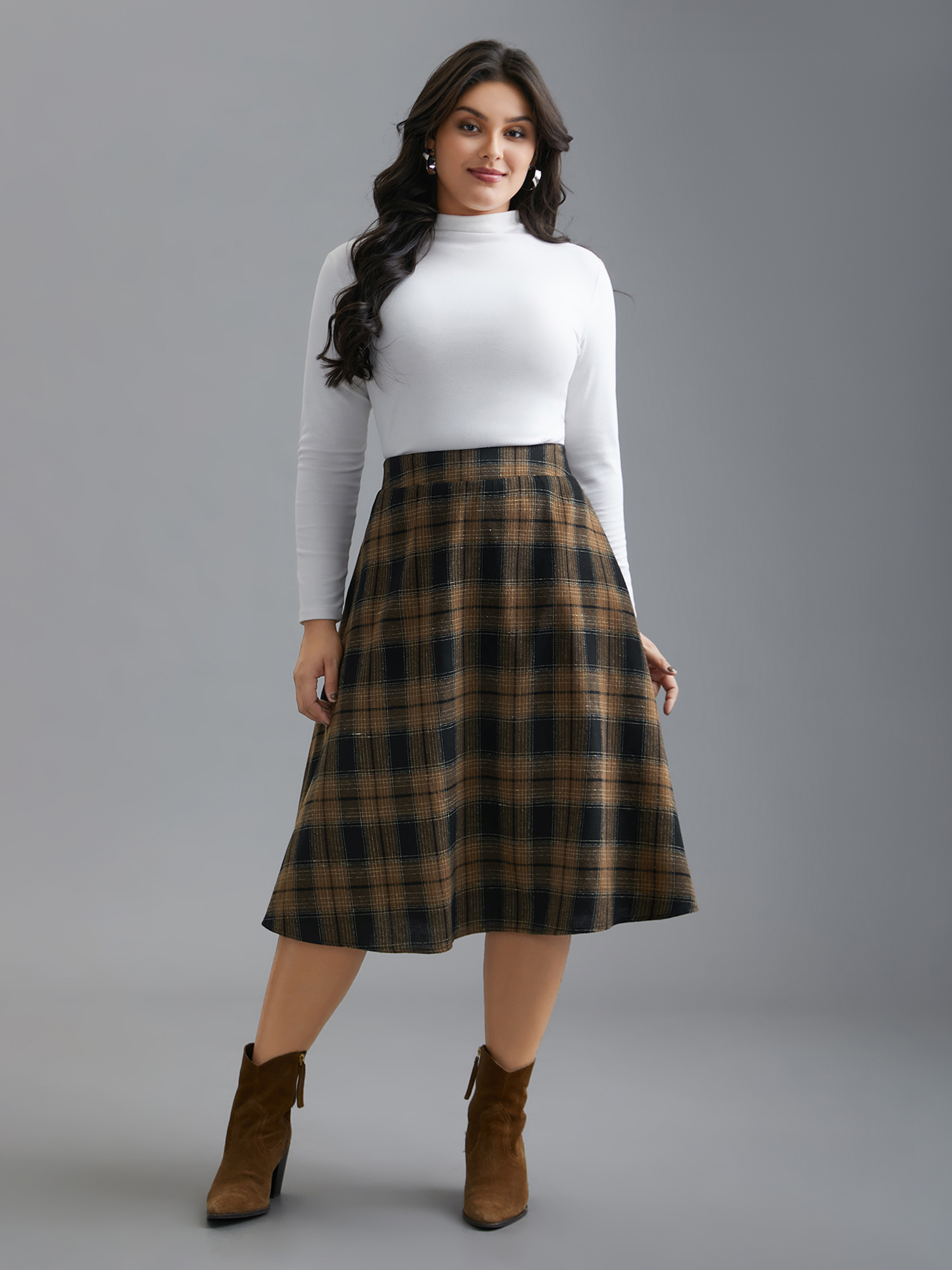 

Plus Size Plaid Elastic Waist Slant Pocket Skirt Women Yellowishbrown Elegant No stretch Slanted pocket Everyday Skirts BloomChic