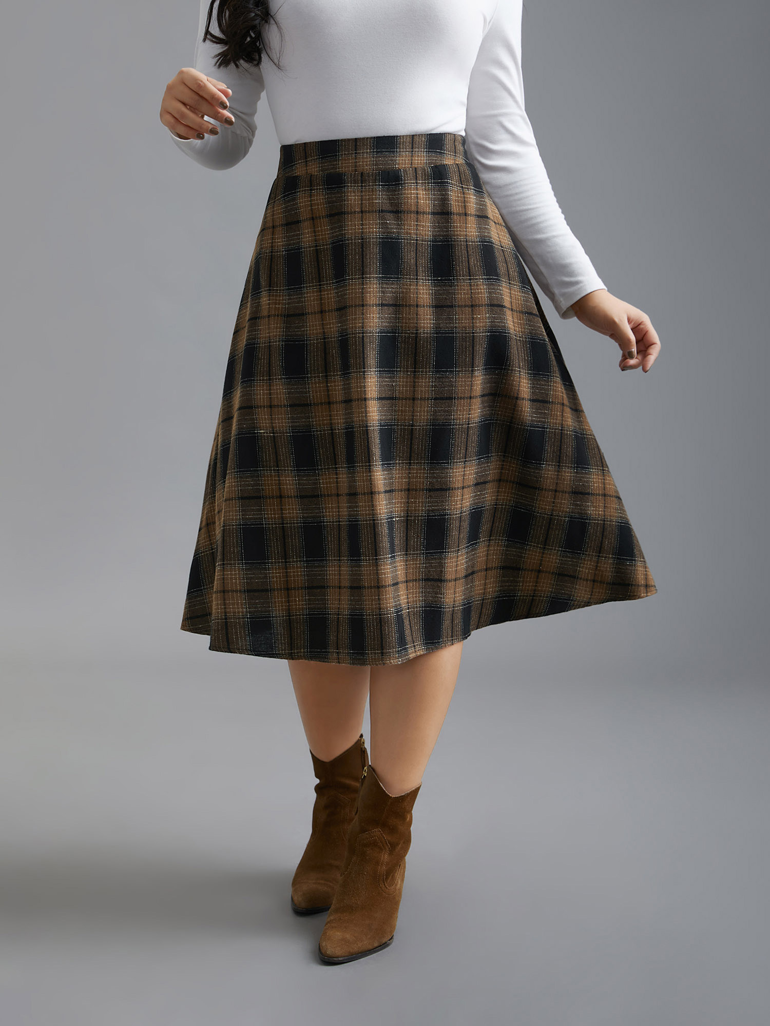 

Plus Size Plaid Elastic Waist Slant Pocket Skirt Women Yellowishbrown Elegant No stretch Slanted pocket Everyday Skirts BloomChic