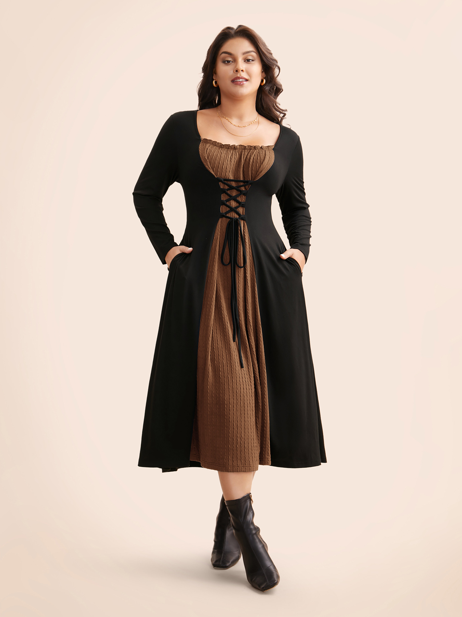Plus Size Square Neck Textured Patchwork Crisscross Dress Yellowishbrown Women Elegant Wraparound straps Square Neck Long Sleeve Curvy BloomChic 18-20/2X 