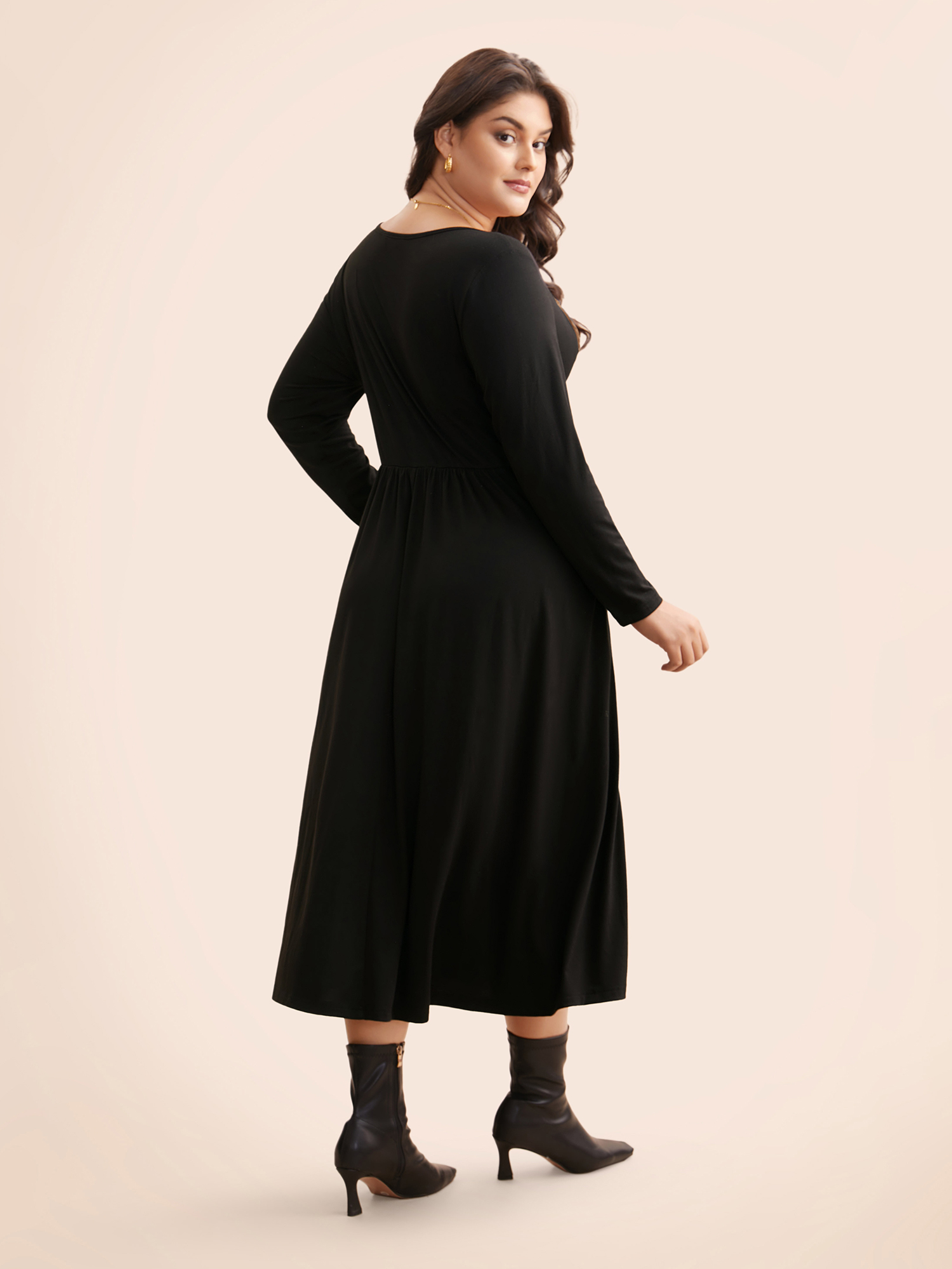 Plus Size Square Neck Textured Patchwork Crisscross Dress Yellowishbrown Women Elegant Wraparound straps Square Neck Long Sleeve Curvy BloomChic 18-20/2X 