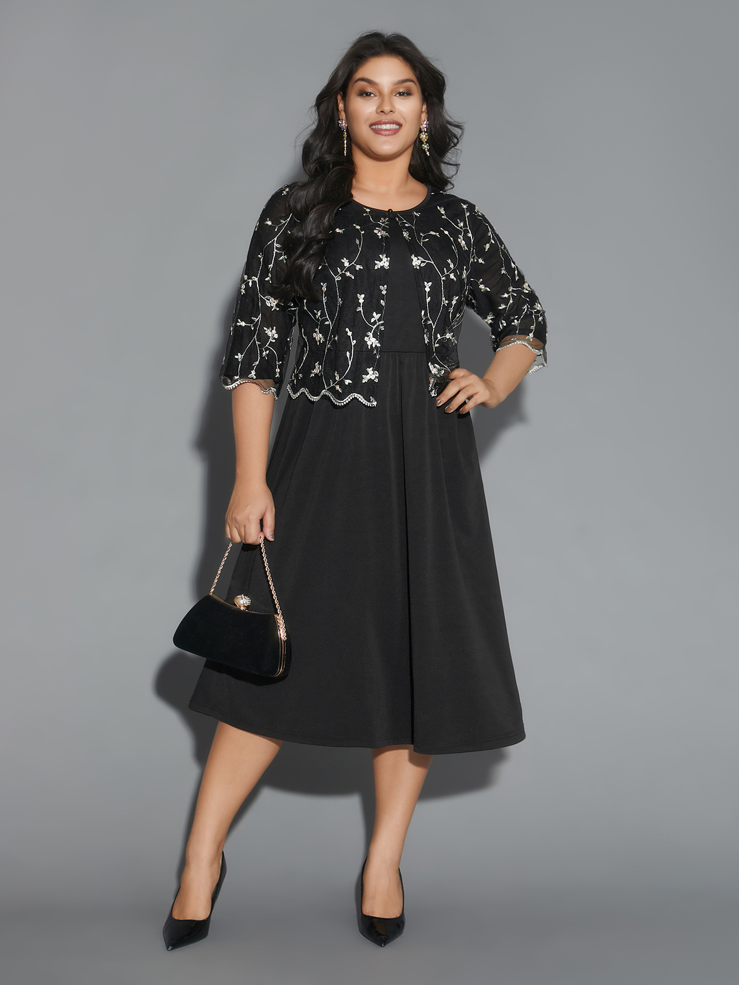 

Plus Size Round Neck Floral Embroidered Dress Black Women Cocktail Texture Party Curvy Bloomchic