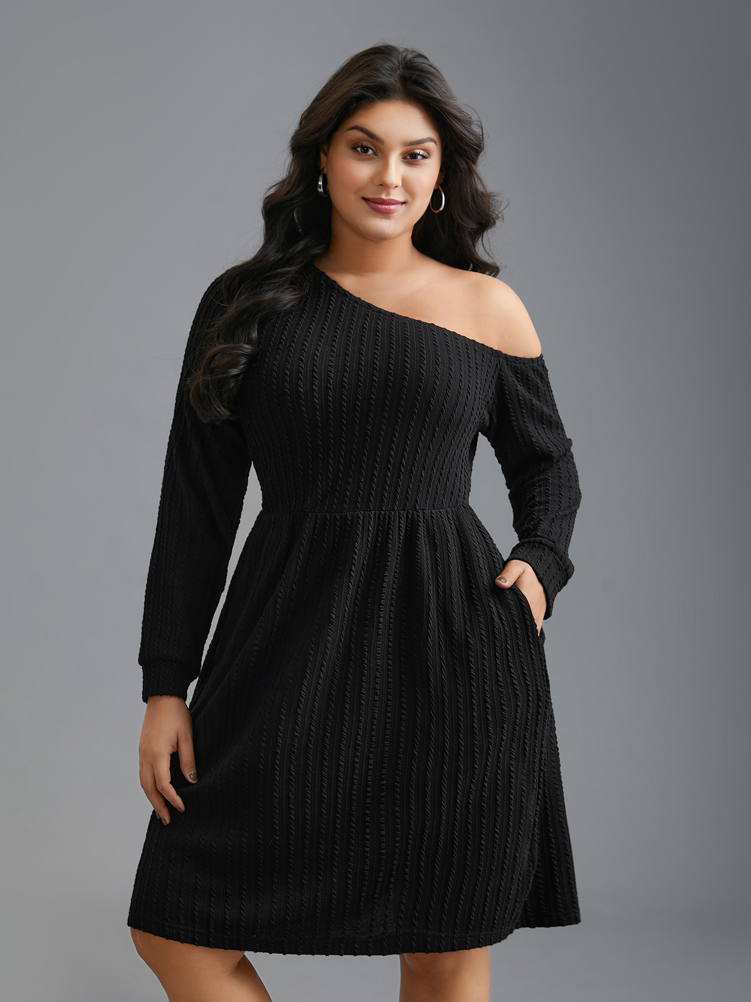 

Plus Size One Shoulder Plain Textured Dress Black Women Casual Texture Knit Dresses Bloomchic