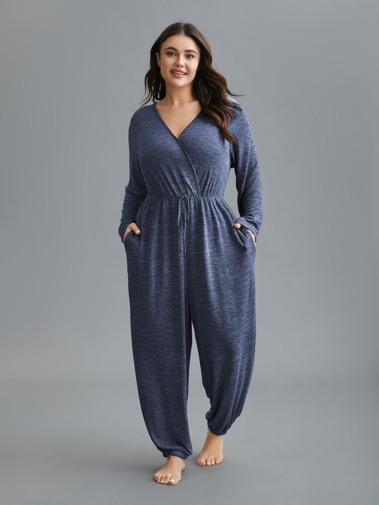 

Plus Size Elastic Waist Overlap Collar Lounge Jumpsuit Navy  Bloomchic