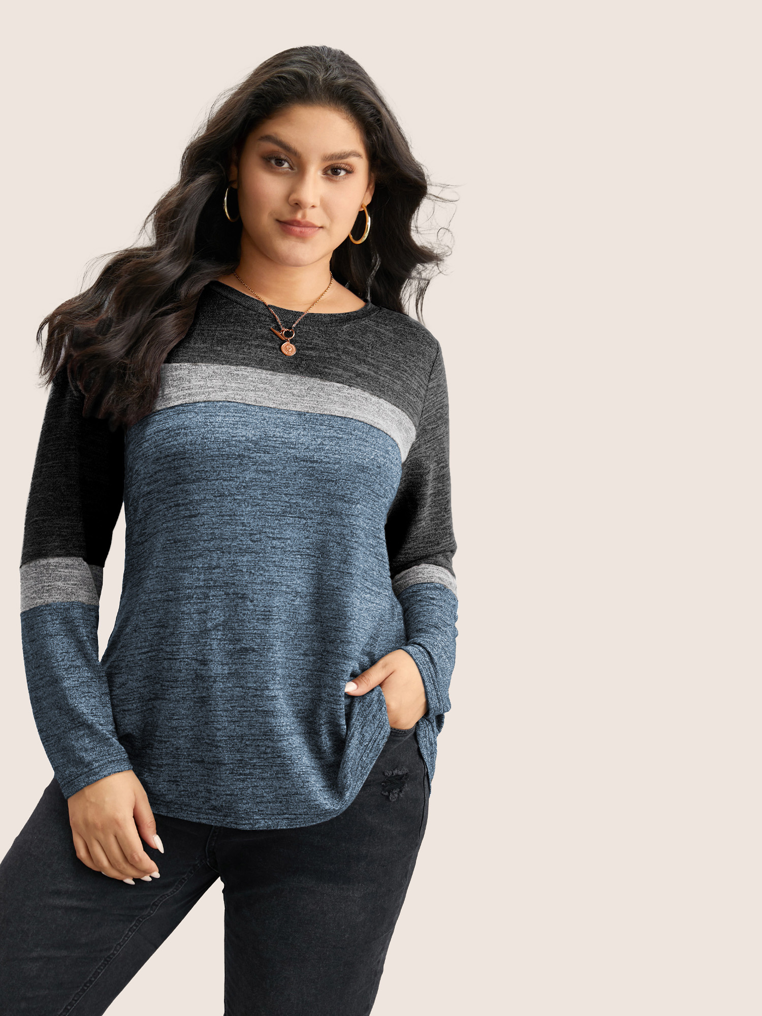 

Plus Size Heather Colorblock Contrast Crew Neck T-shirt DarkBlue Women Casual Texture Plain Round Neck Everyday T-shirts BloomChic