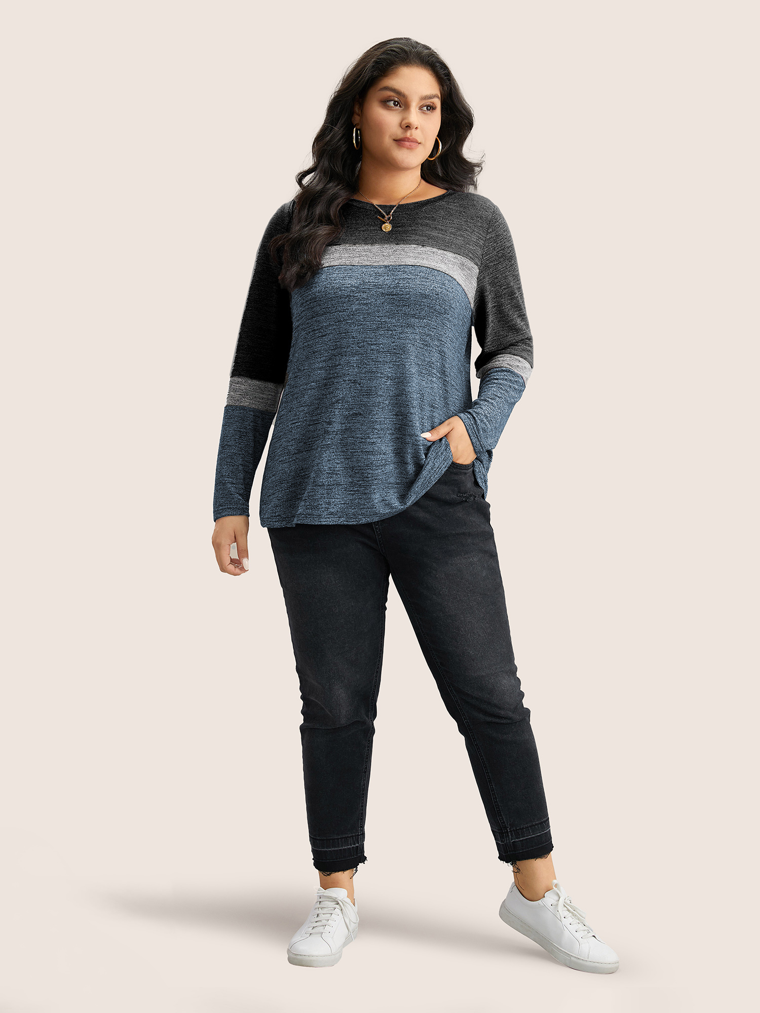 Plus Size Heather Colorblock Contrast Crew Neck T-shirt DarkBlue Women Casual Texture Plain Round Neck Everyday T-shirts BloomChic 10/M 