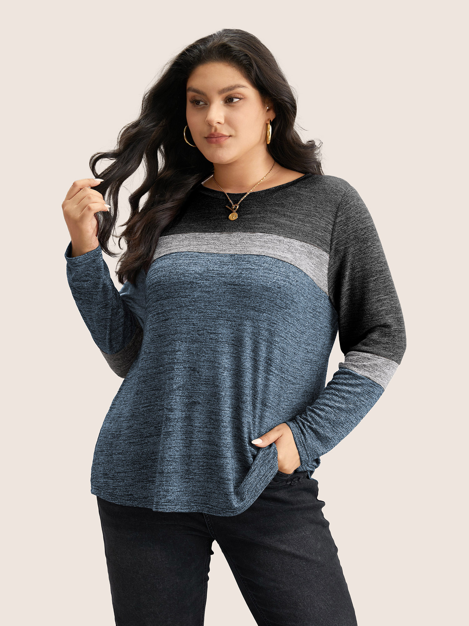 Plus Size Heather Colorblock Contrast Crew Neck T-shirt DarkBlue Women Casual Texture Plain Round Neck Everyday T-shirts BloomChic 10/M 