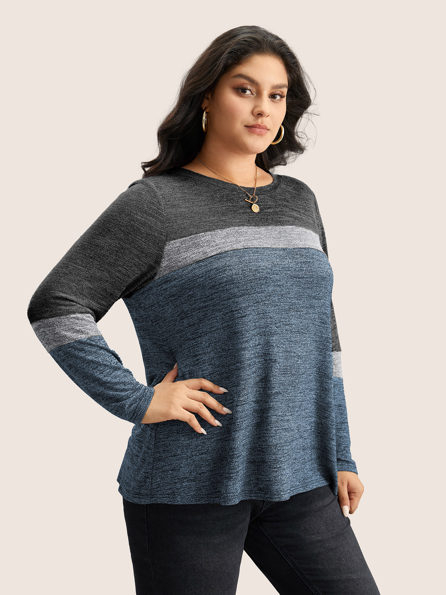 Plus Size Heather Colorblock Contrast Crew Neck T-shirt DarkBlue Women Casual Texture Plain Round Neck Everyday T-shirts BloomChic 10/M 