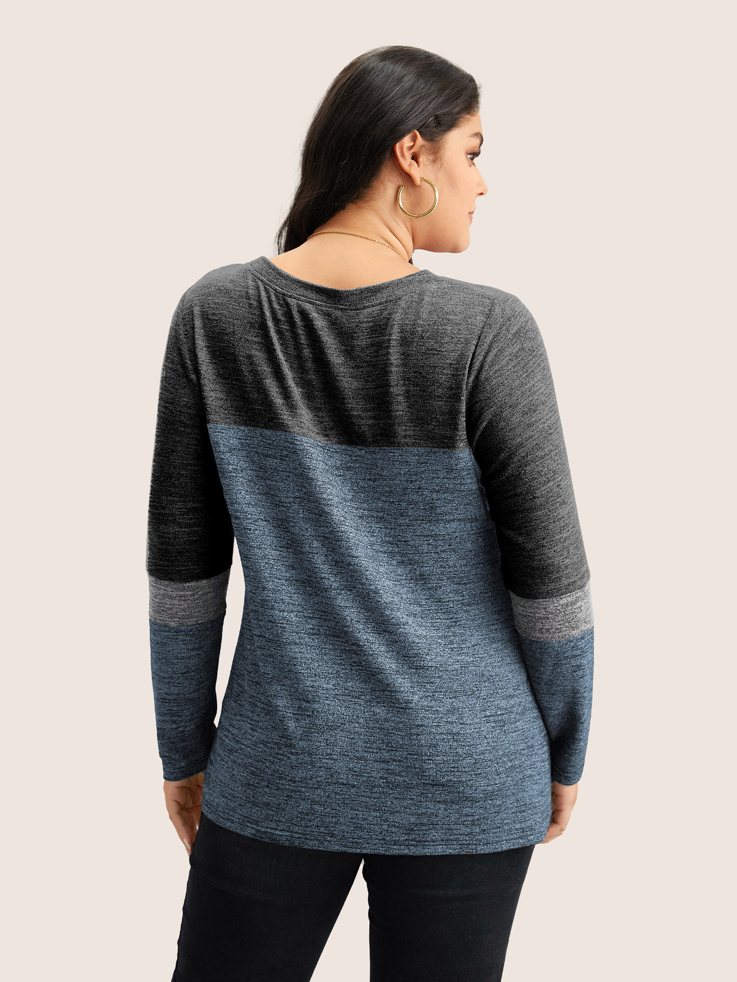 Plus Size Heather Colorblock Contrast Crew Neck T-shirt DarkBlue Women Casual Texture Plain Round Neck Everyday T-shirts BloomChic 10/M 