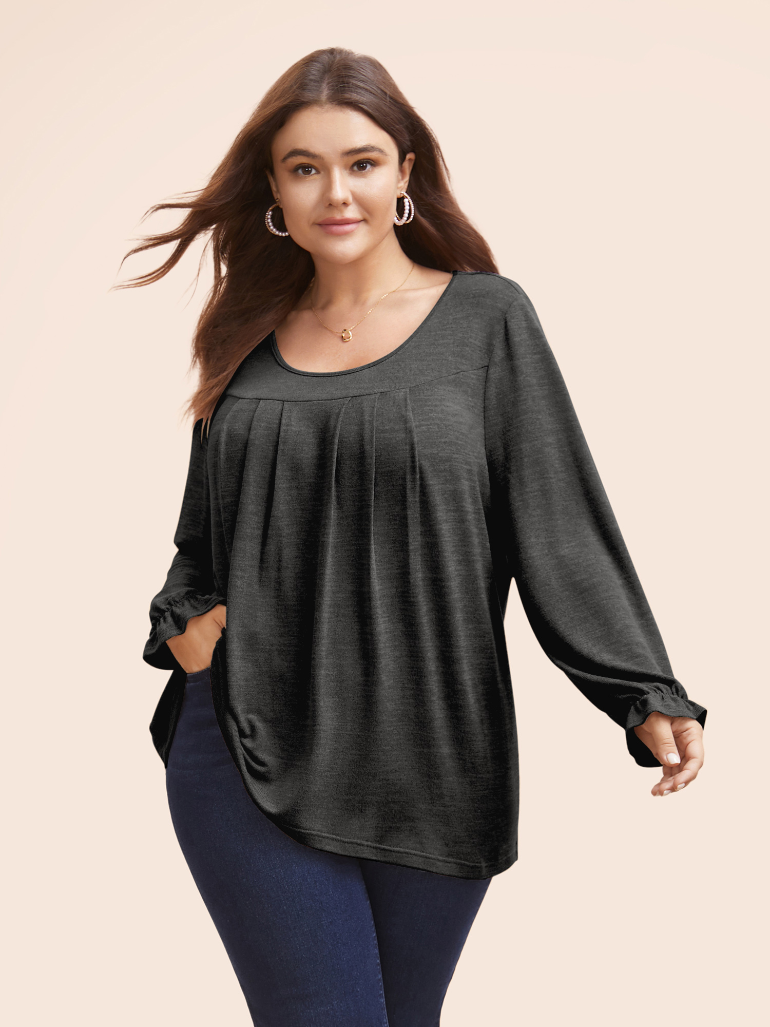 Plus Size Round Neck Heather Pleated T-shirt Black Women Elegant Pleated Round Neck Loose Everyday T-shirts BloomChic 18-20/2X 