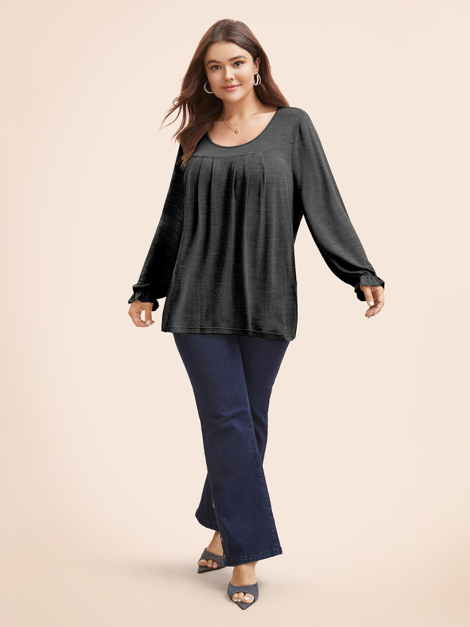 Plus Size Round Neck Heather Pleated T-shirt Black Women Elegant Pleated Round Neck Loose Everyday T-shirts BloomChic 18-20/2X 