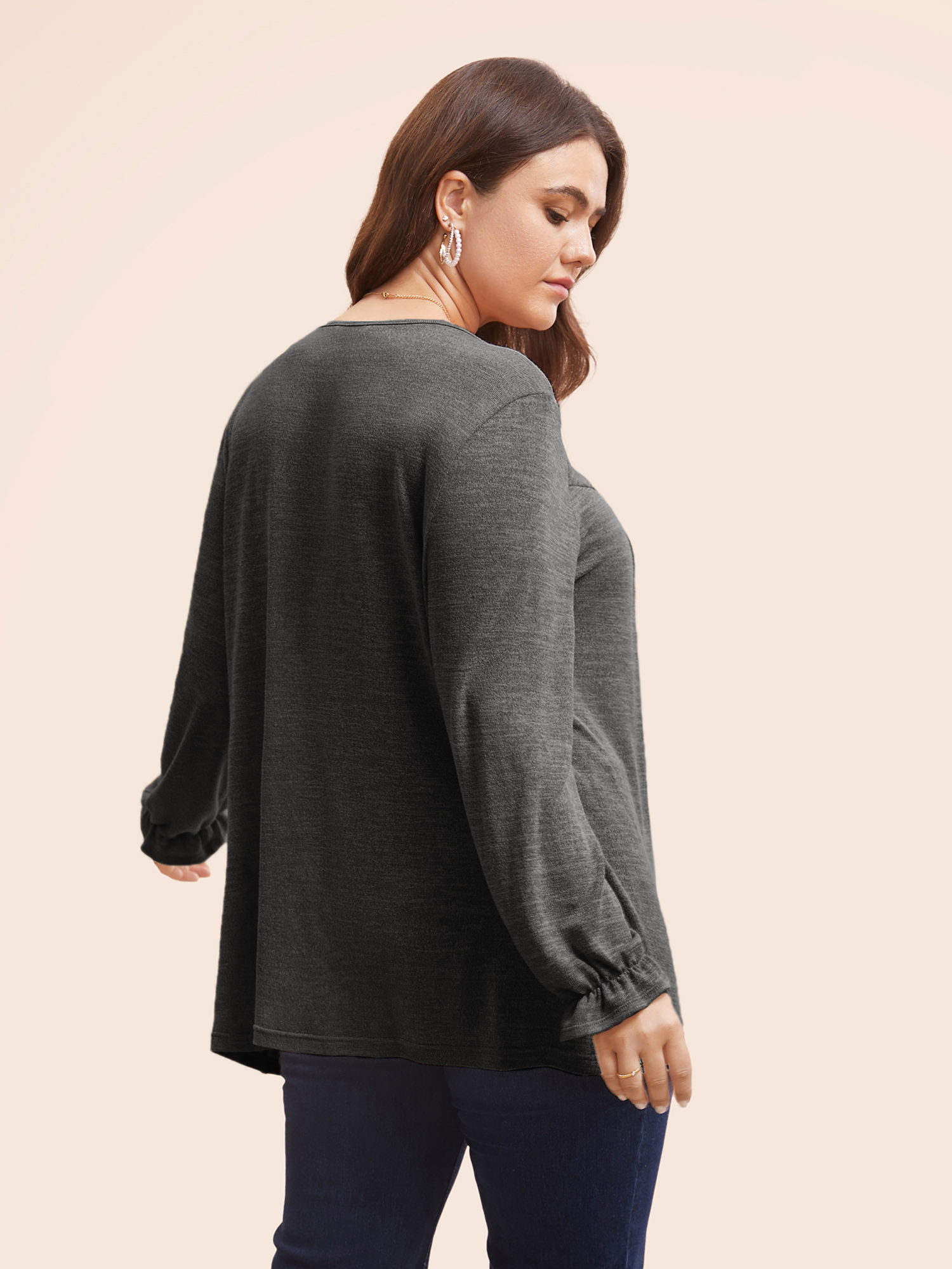 Plus Size Round Neck Heather Pleated T-shirt Black Women Elegant Pleated Round Neck Loose Everyday T-shirts BloomChic 18-20/2X 