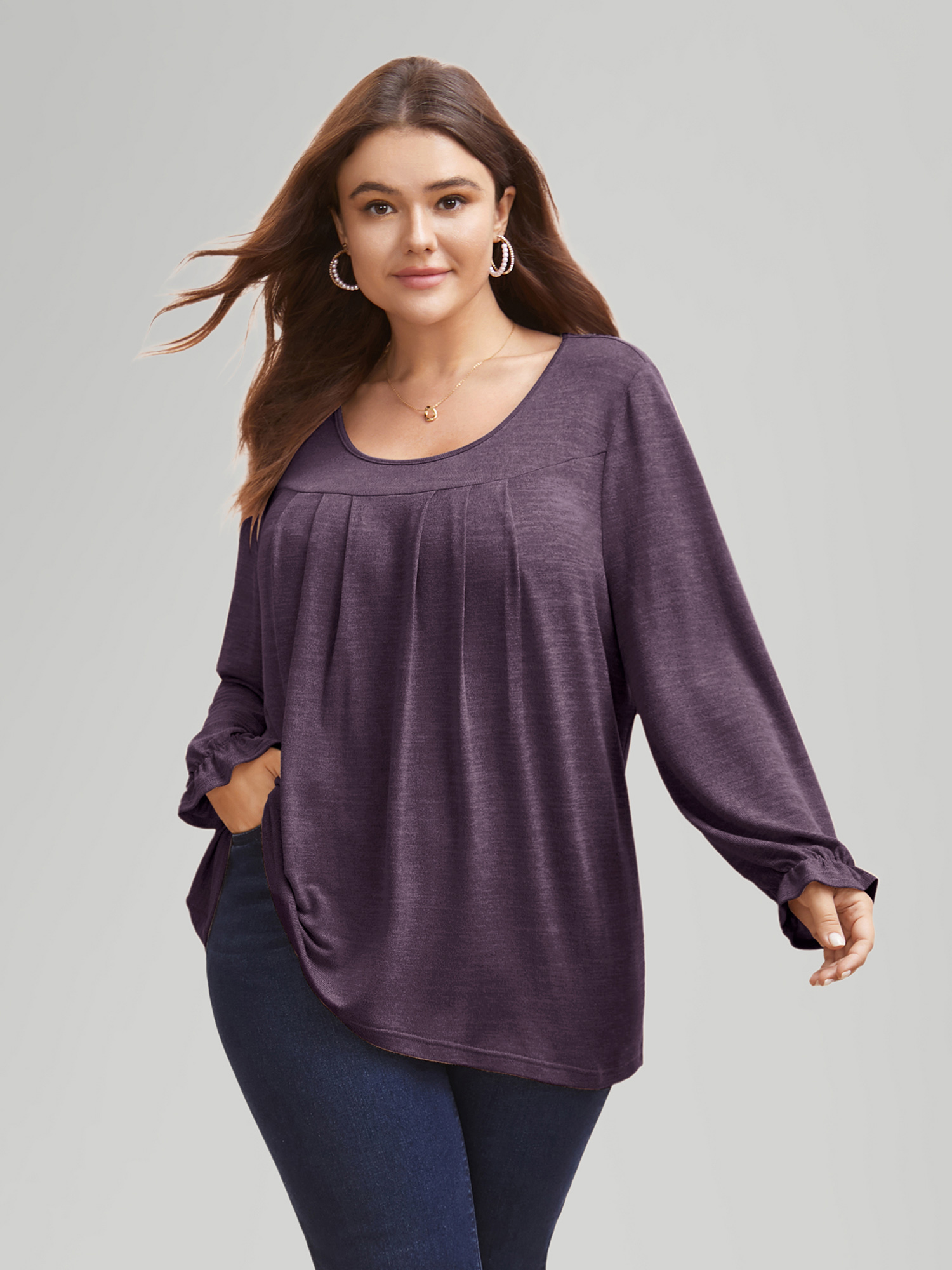 

Plus Size Round Neck Heather Pleated T-shirt Eggplant Women Elegant Pleated Round Neck Loose Everyday T-shirts BloomChic