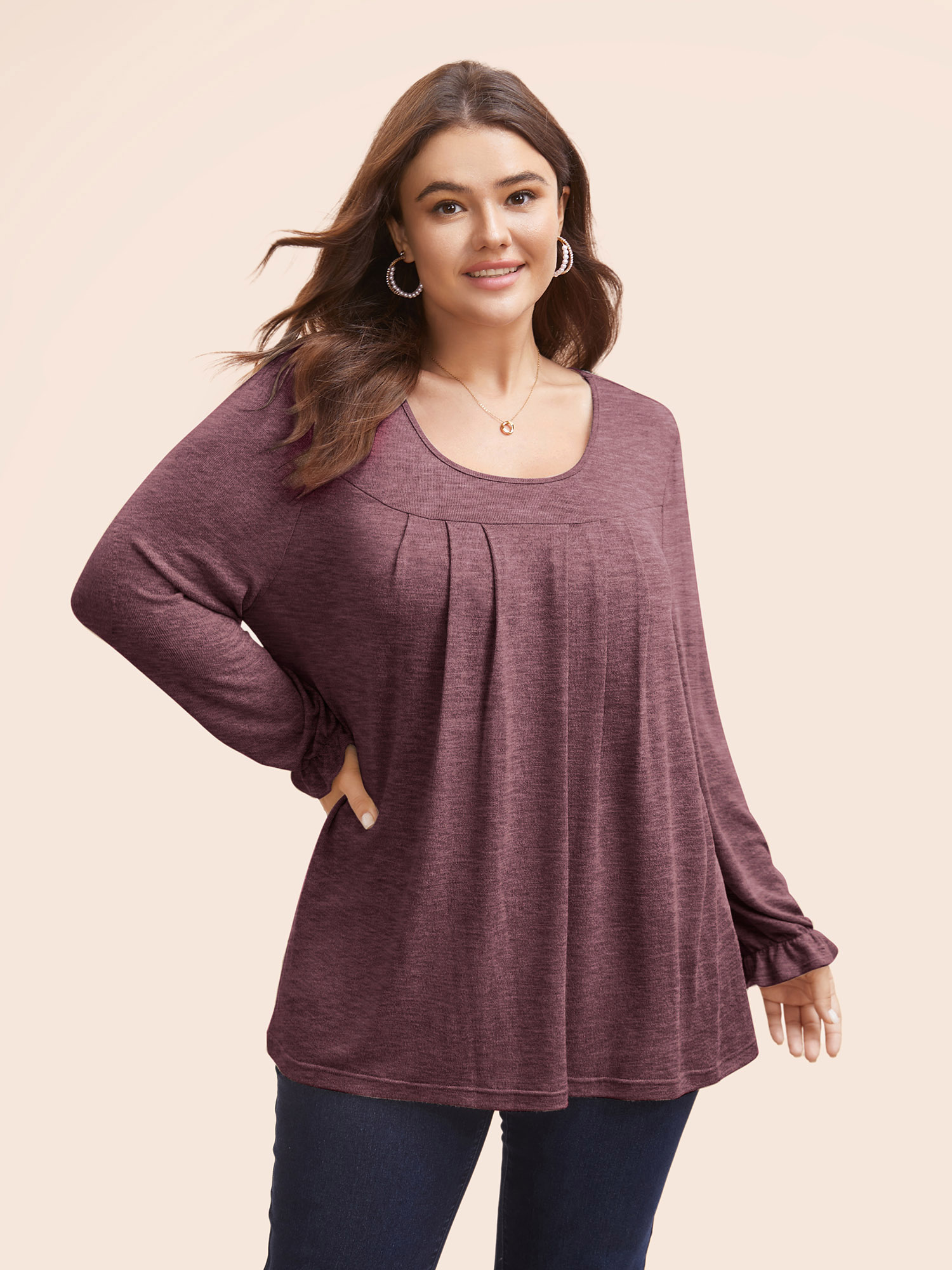 Plus Size Round Neck Heather Pleated T-shirt RedViolet Women Elegant Pleated Round Neck Loose Everyday T-shirts BloomChic 26/4X 