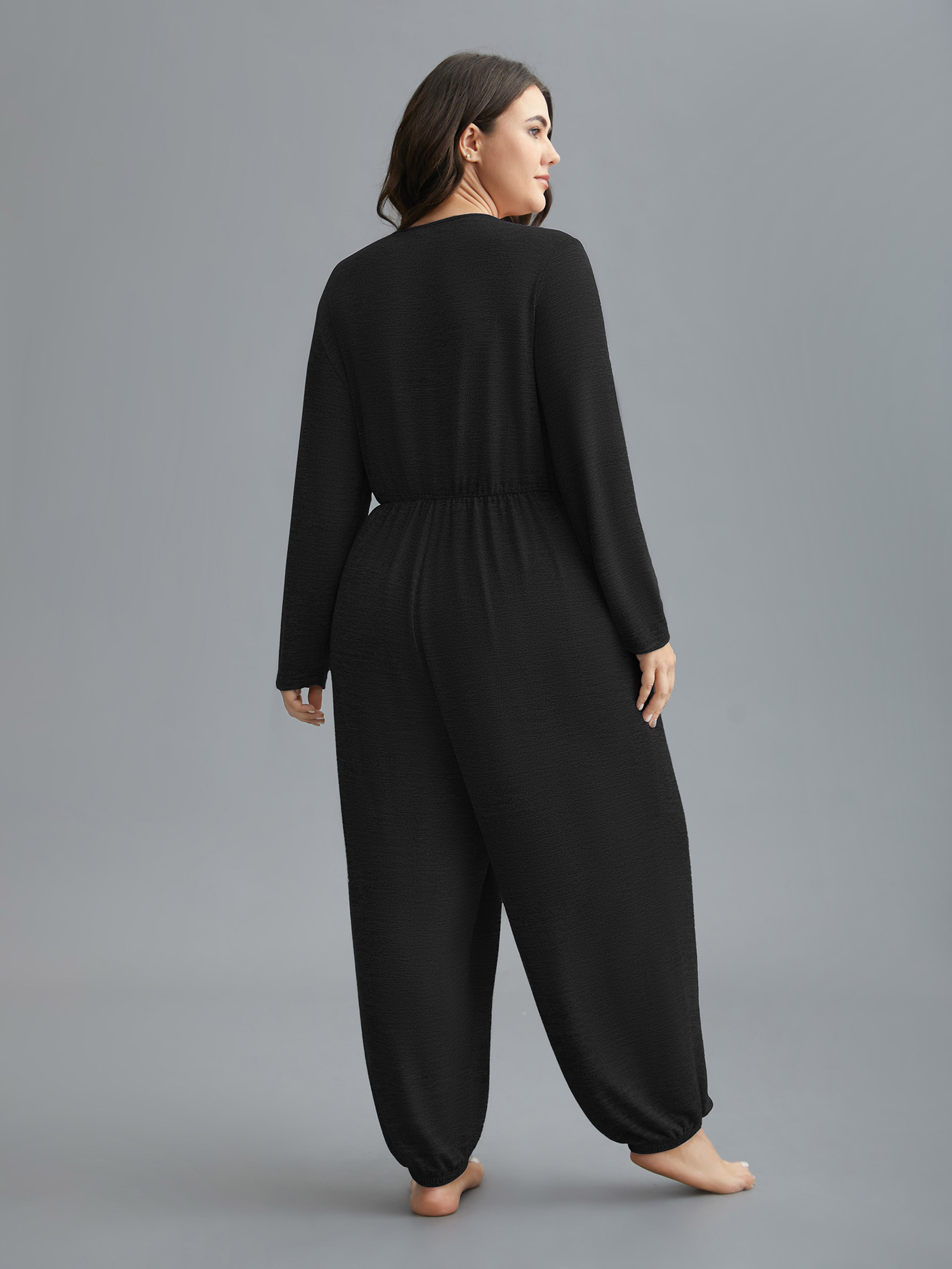 

Plus Size Elastic Waist Overlap Collar Lounge Jumpsuit Pureblack  Bloomchic