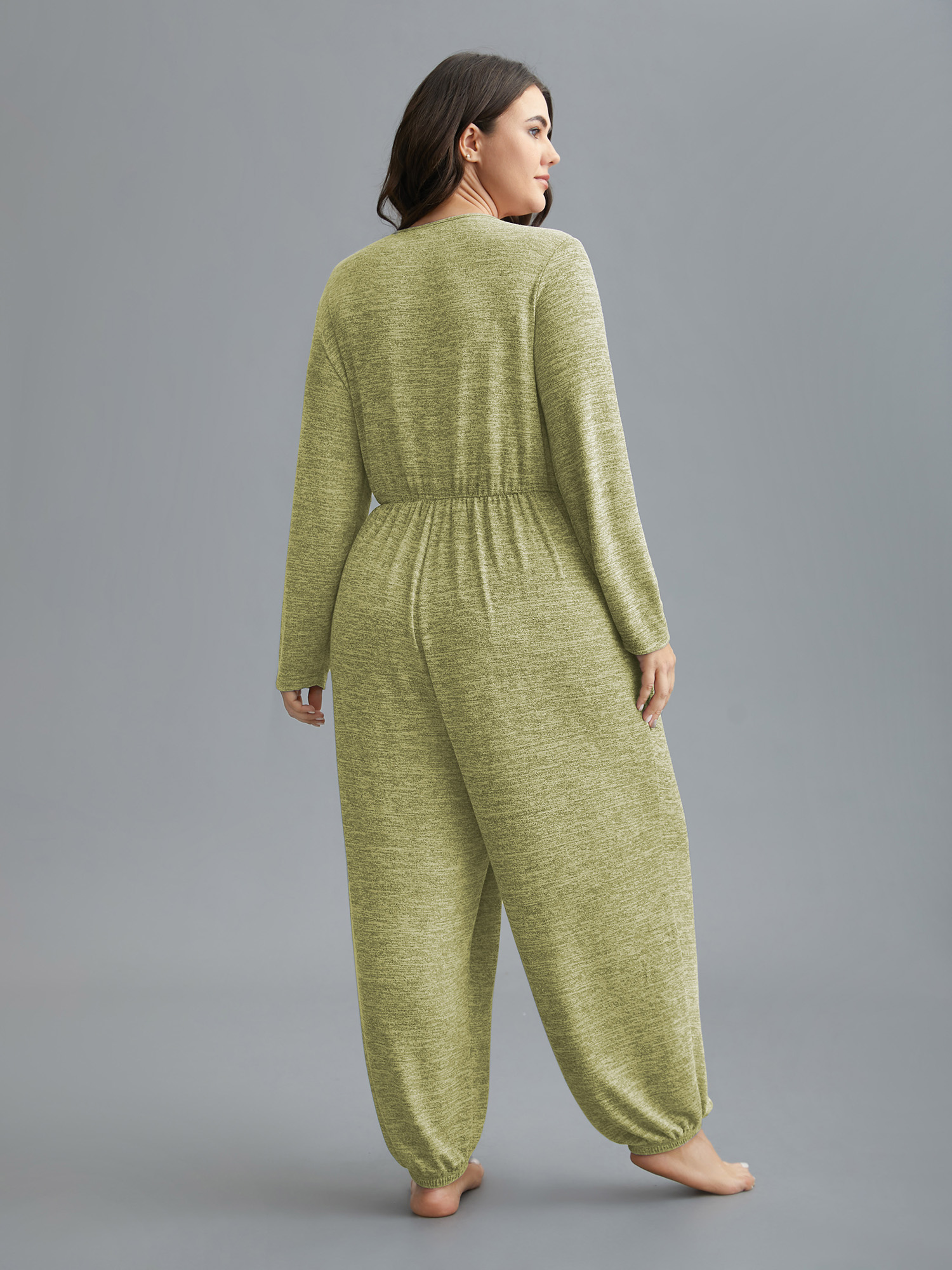 

Plus Size Elastic Waist Overlap Collar Lounge Jumpsuit Applegreen  Bloomchic