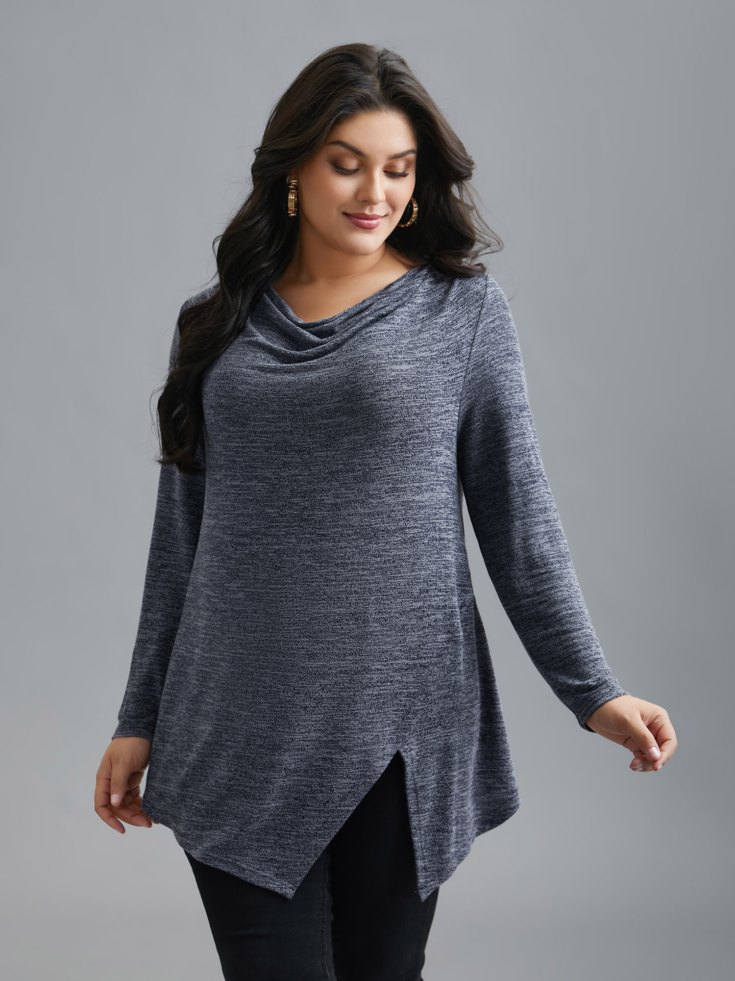 

Plus Size Cowl Neck Side Slit Fitted T-Shirt Indigo Women Elegant Overlapping Cowl Neck Everyday T-shirts BloomChic