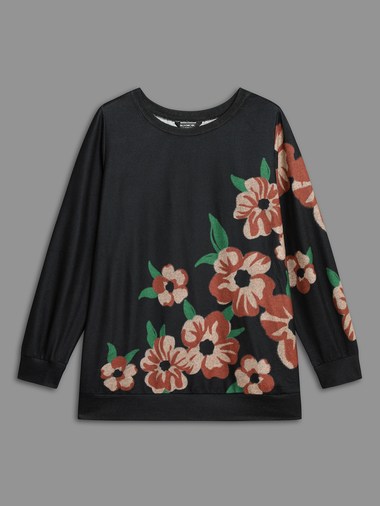 

Plus Size Round Neck Floral Print Fitted Sweatshirt Women Black Casual Non Round Neck Everyday Sweatshirts BloomChic