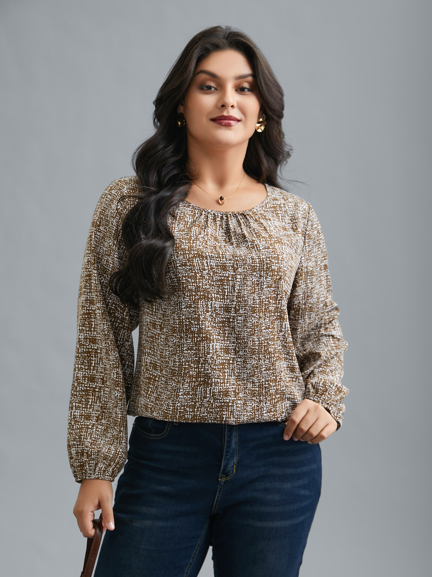 Plus Size Yellowishbrown Crew Neck Geometric Print Gathered Blouse Women At the Office Long Sleeve Round Neck Work Blouses BloomChic 30/6X 