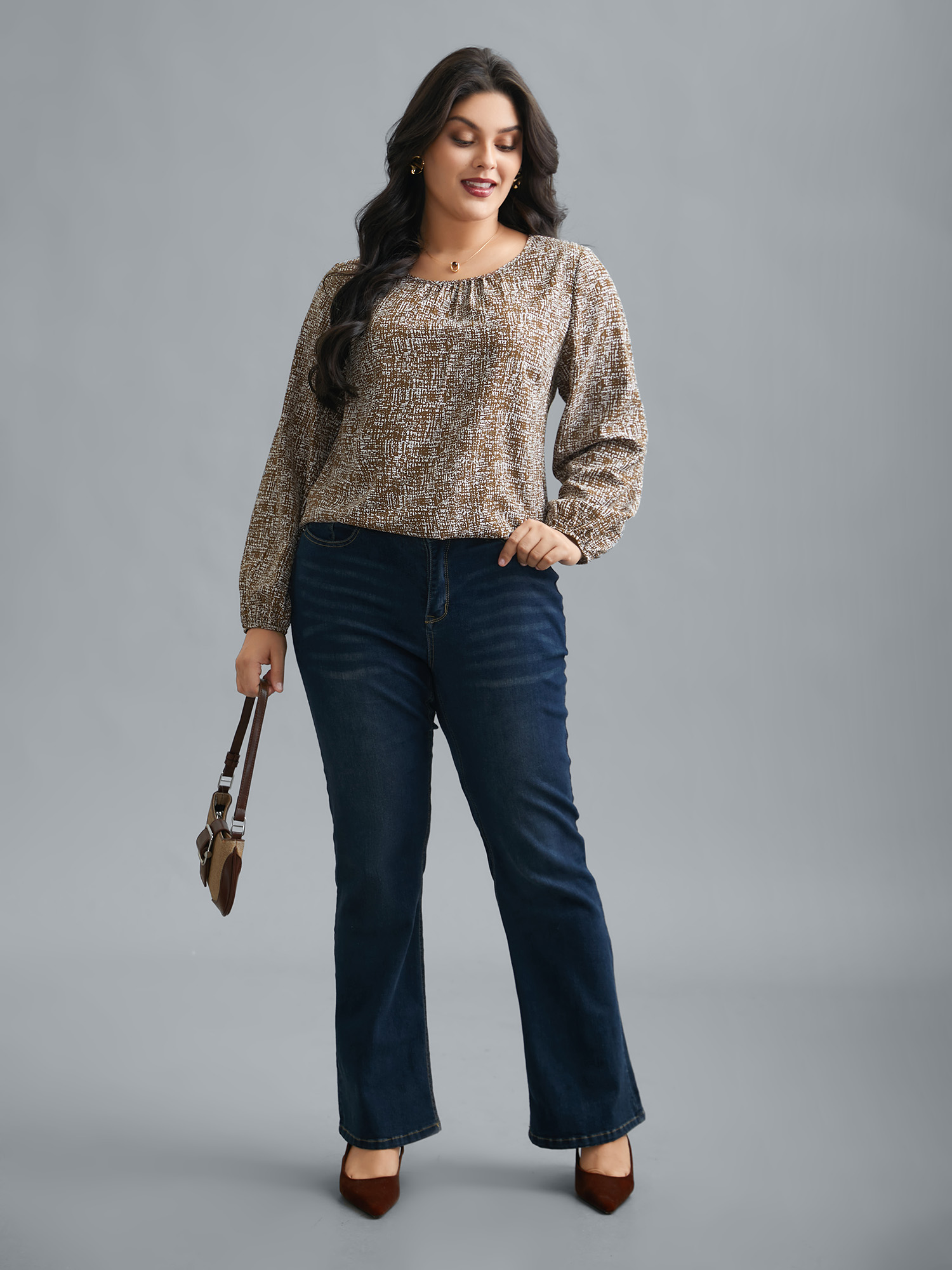 Plus Size Yellowishbrown Crew Neck Geometric Print Gathered Blouse Women At the Office Long Sleeve Round Neck Work Blouses BloomChic 30/6X 