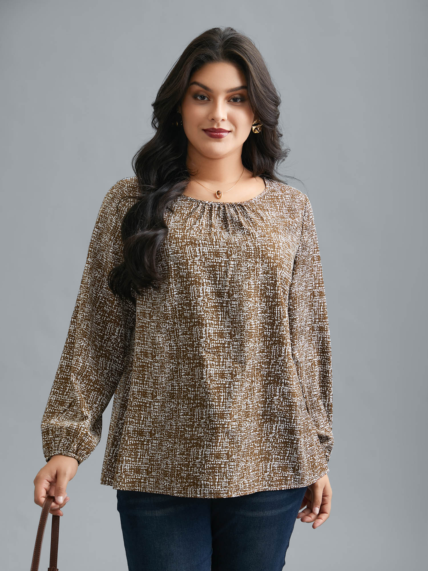 Plus Size Yellowishbrown Crew Neck Geometric Print Gathered Blouse Women At the Office Long Sleeve Round Neck Work Blouses BloomChic 30/6X 