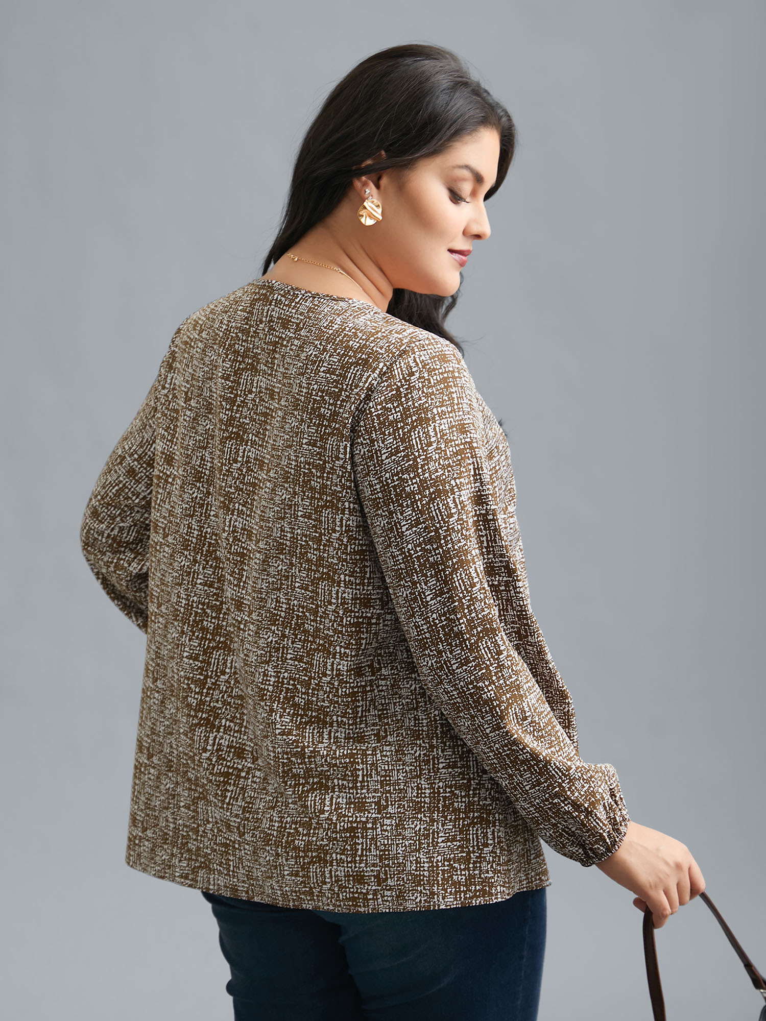Plus Size Yellowishbrown Crew Neck Geometric Print Gathered Blouse Women At the Office Long Sleeve Round Neck Work Blouses BloomChic 30/6X 