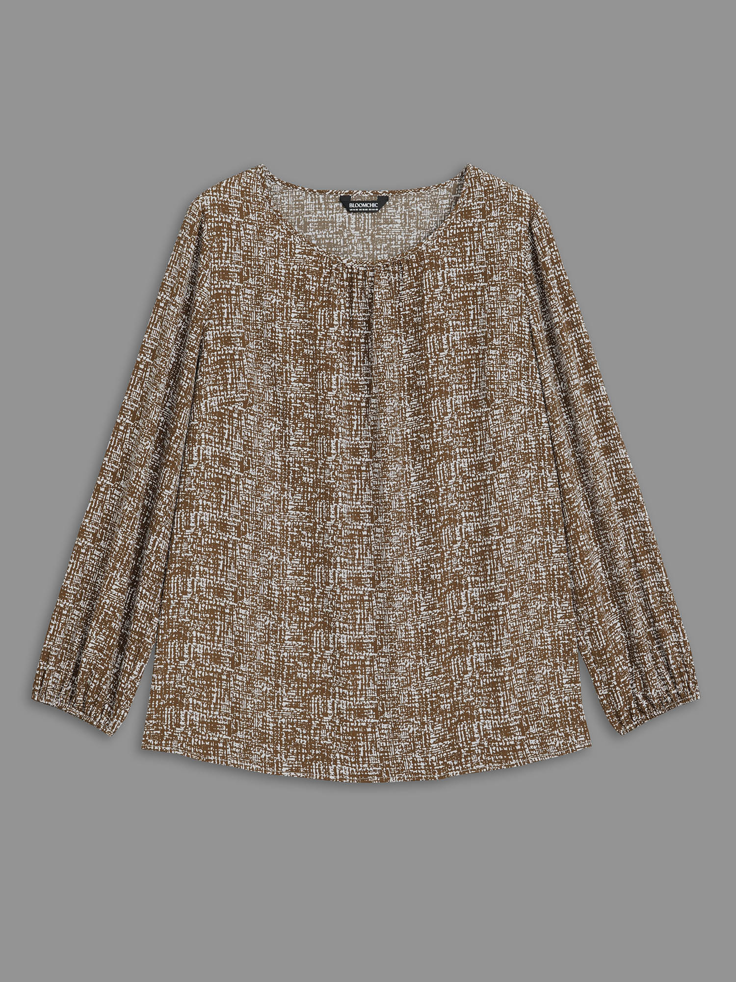 Plus Size Yellowishbrown Crew Neck Geometric Print Gathered Blouse Women At the Office Long Sleeve Round Neck Work Blouses BloomChic 30/6X 