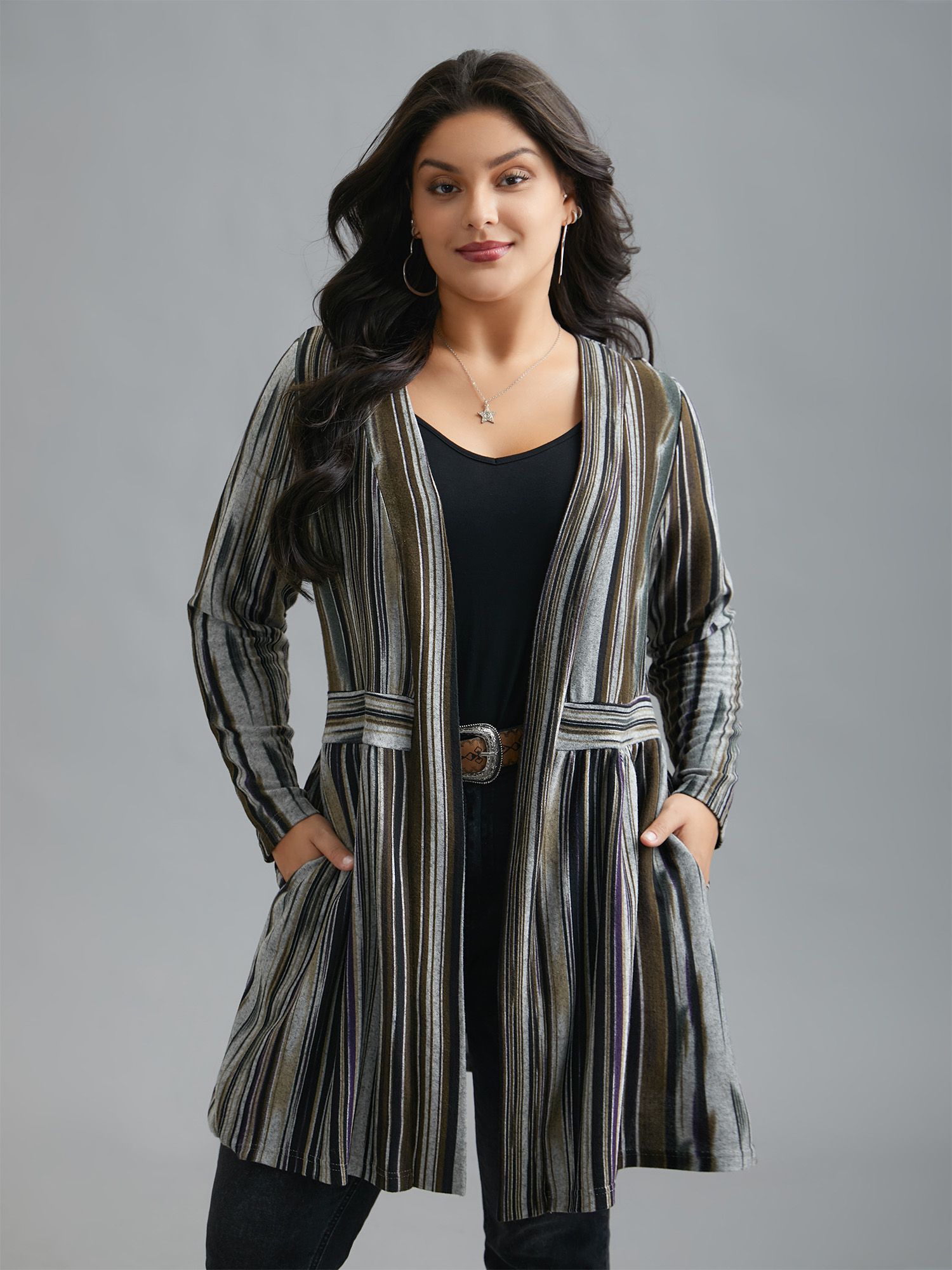 

Plus Size Colored Striped Open Front Waist Defining Jacket Women Multicolor Contrast Bodycon Side seam pocket Everyday Jackets BloomChic