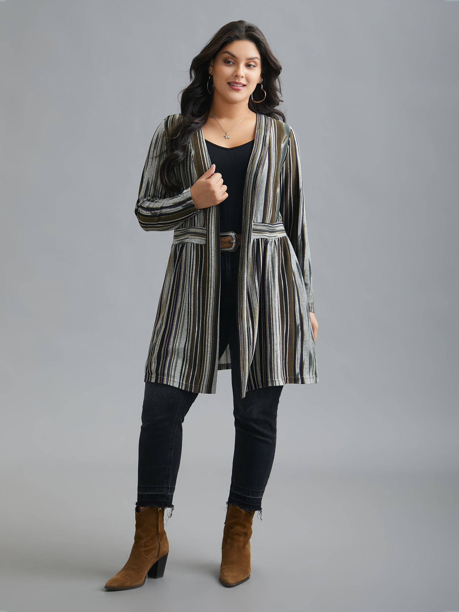 Plus Size Colored Striped Open Front Waist Defining Jacket Women Multicolor Contrast Bodycon Side seam pocket Everyday Jackets BloomChic 10/M 