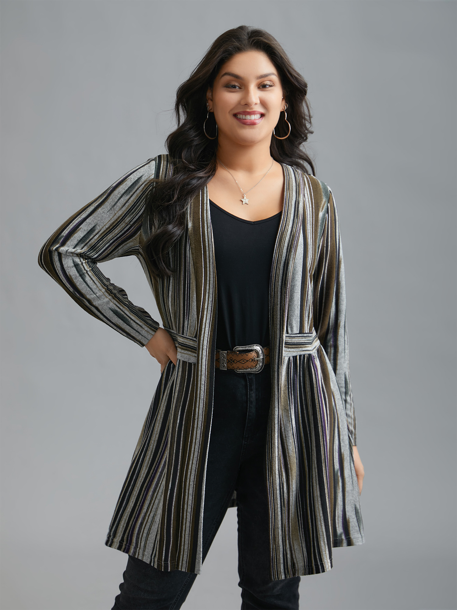 Plus Size Colored Striped Open Front Waist Defining Jacket Women Multicolor Contrast Bodycon Side seam pocket Everyday Jackets BloomChic 10/M 